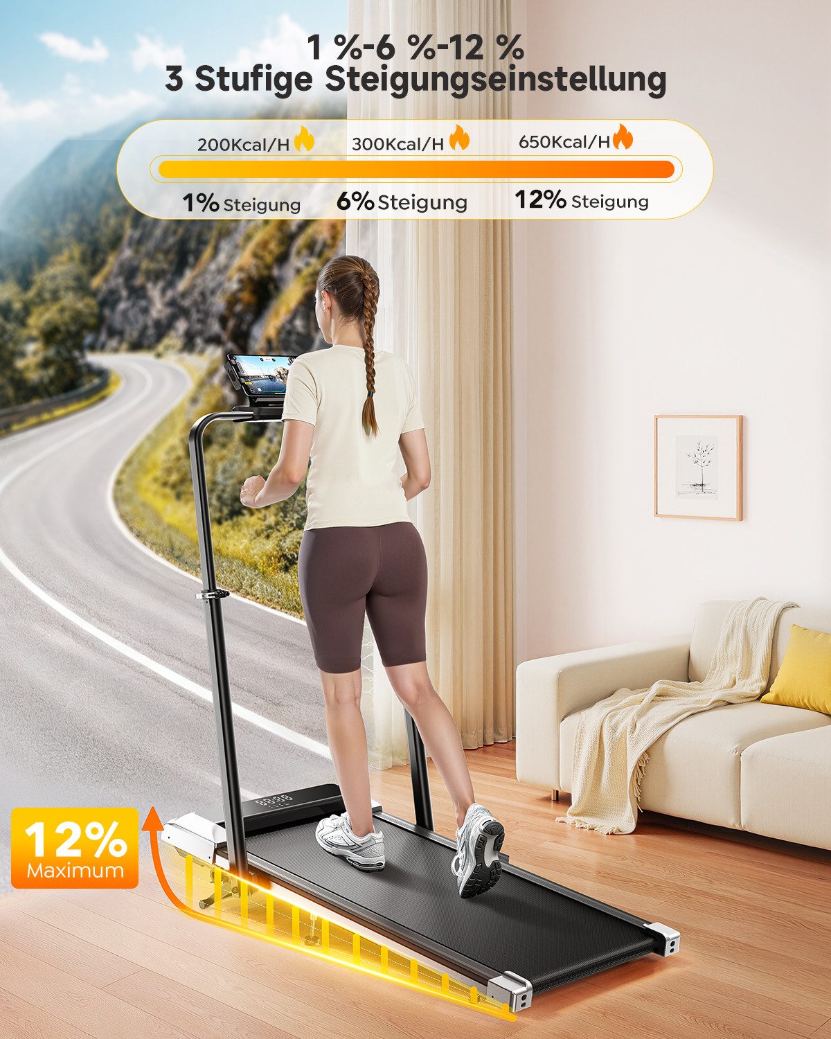 Laresar Laufband 12% Steigung, 6-in-1 zum Gehen und Laufen 0,75-2,5 PS Faltbares, mit höhenverstellbarer Armlehne LED-Display Indoor-Heimtrainer