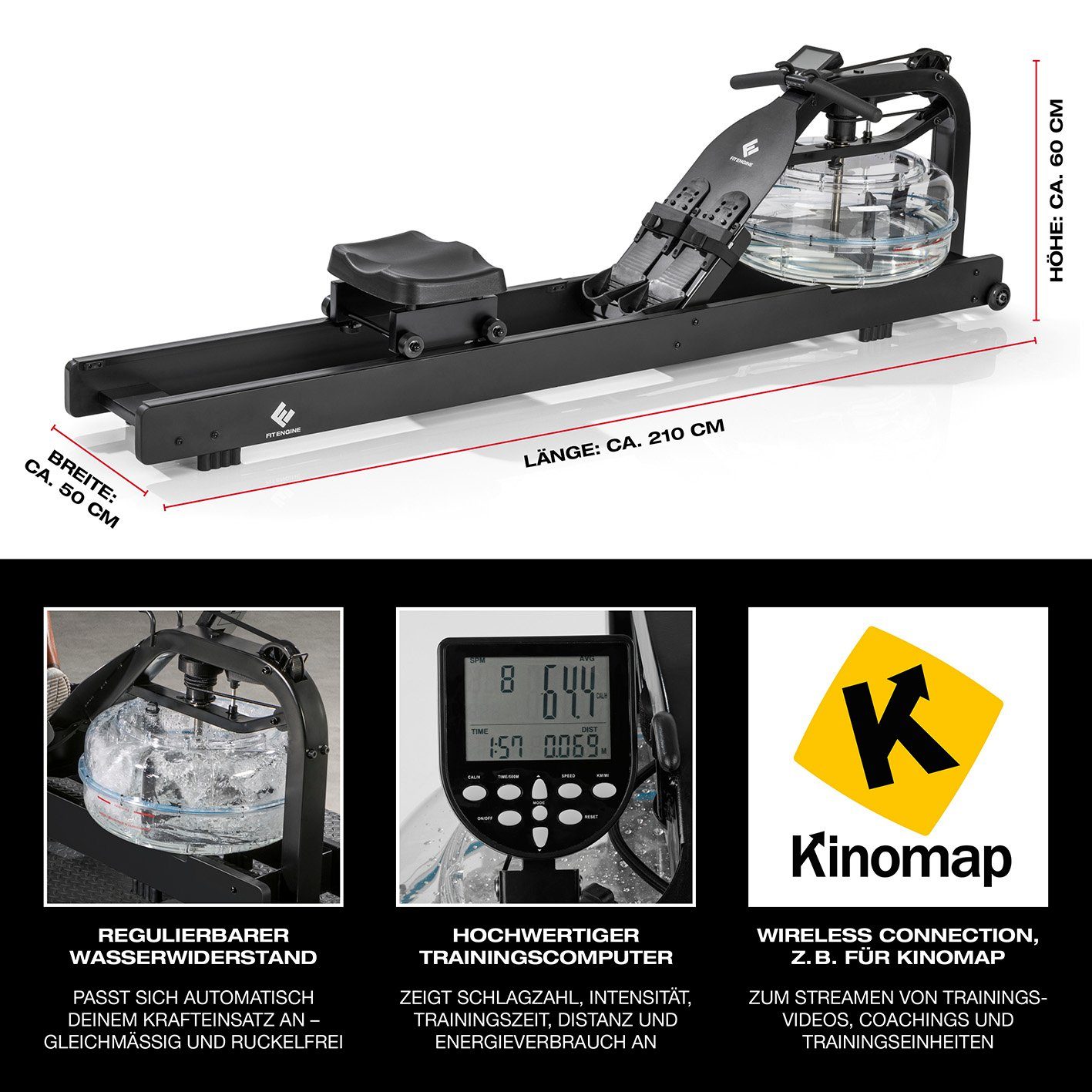 210x50x60cm Rudergerät Wasserwiderstand FitEngine schwarz Smart