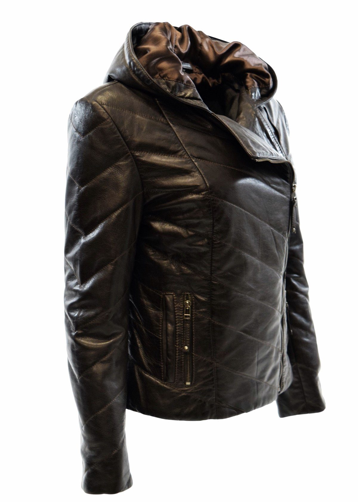 Stepp-Lederjacke Tiefbraun weichem mit aus Zimmert Braun Schwarz, Leder Kapuze Leather Lederjacke Elda