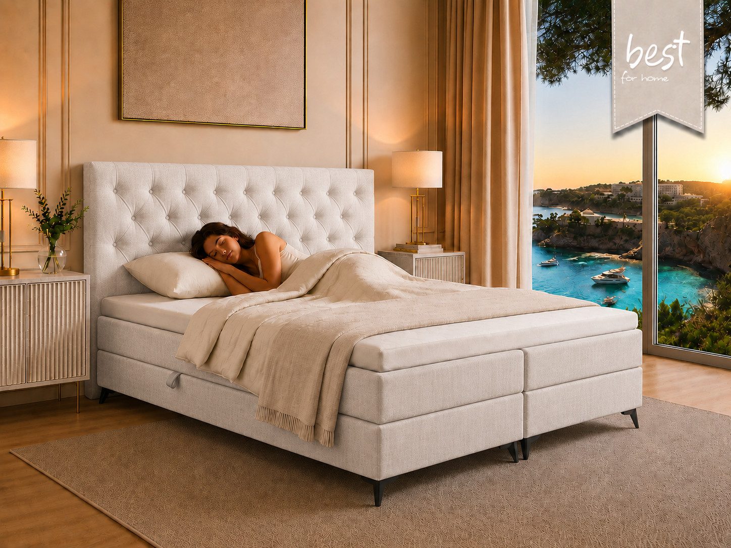 Best for Home Boxspringbett K18 SLIM mit zwei Bettkasten und Komfort Topper H3 (Bonell-Matratze, gepolstertes Kopfteil, Doppelbett versch. Größen, 1-St., 140x20 – Bild 2 von 5