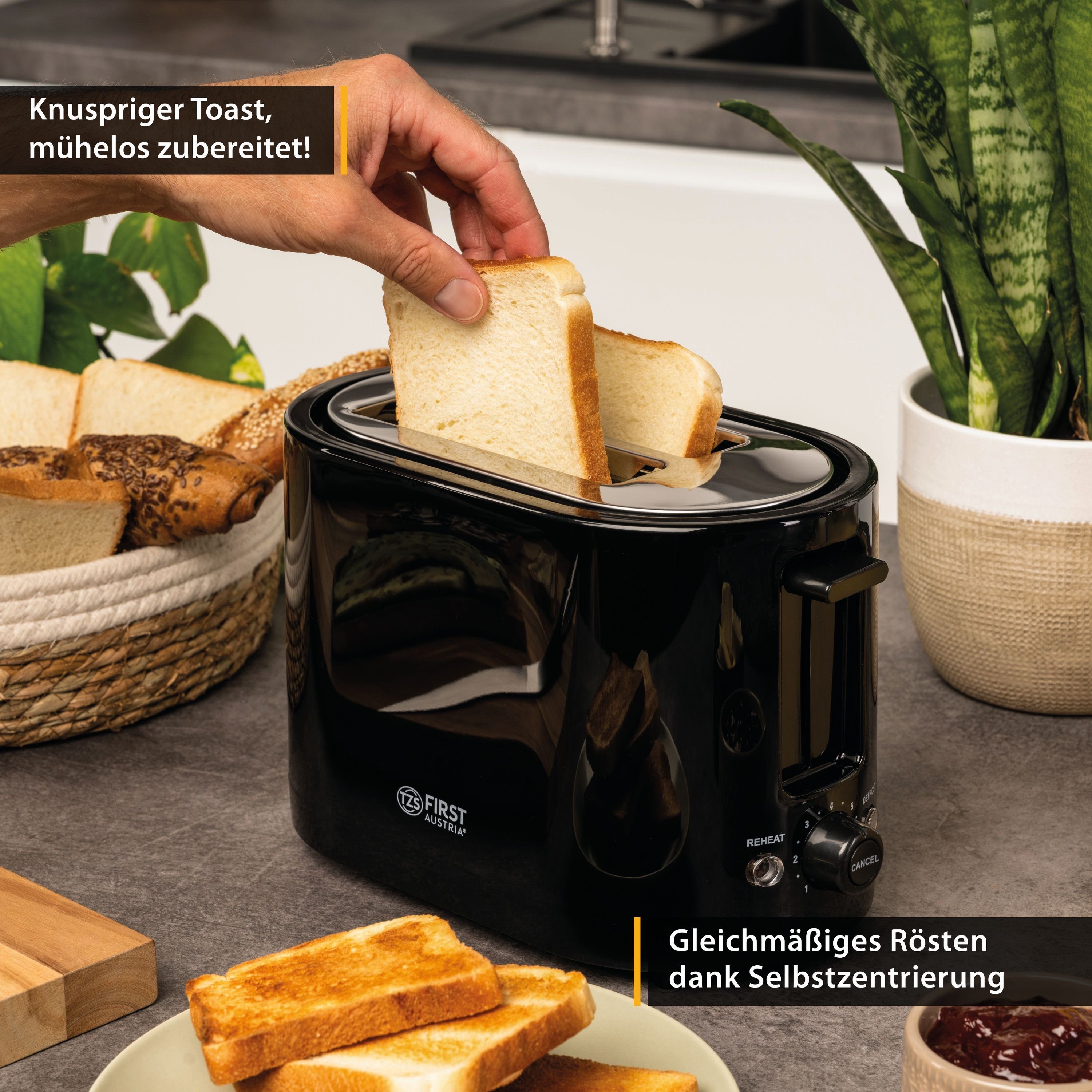 TZS FIRST AUSTRIA Toaster für 2 Auftaufunktion, schwarz, Krümelschale inkl. Warmhalte- Toaster, 7 Scheiben, Stufen, und
