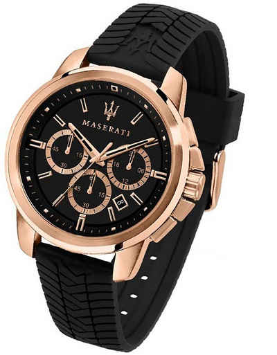 MASERATI Chronograph Maserati Silikon Armband-Uhr, Herrenuhr Silikonarmband, rundes Gehäuse, groß (ca. 44mm) schwarz