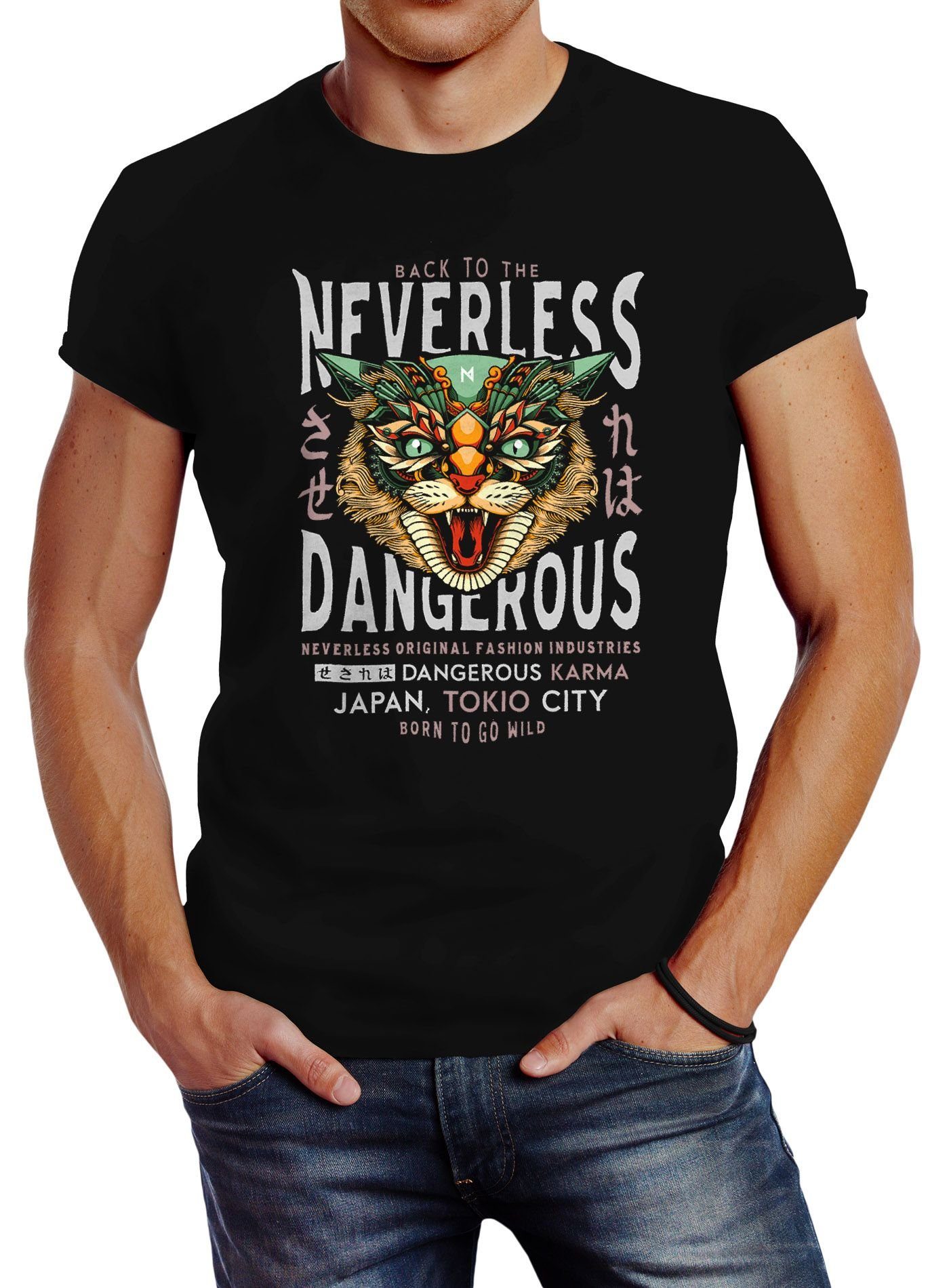 Neverless Print-Shirt Neverless® Herren T-Shirt Design Print Katzenkopf Dangerous Cat Motiv Japan Tokio City Schriftzug Fashion Streetstyle mit Print