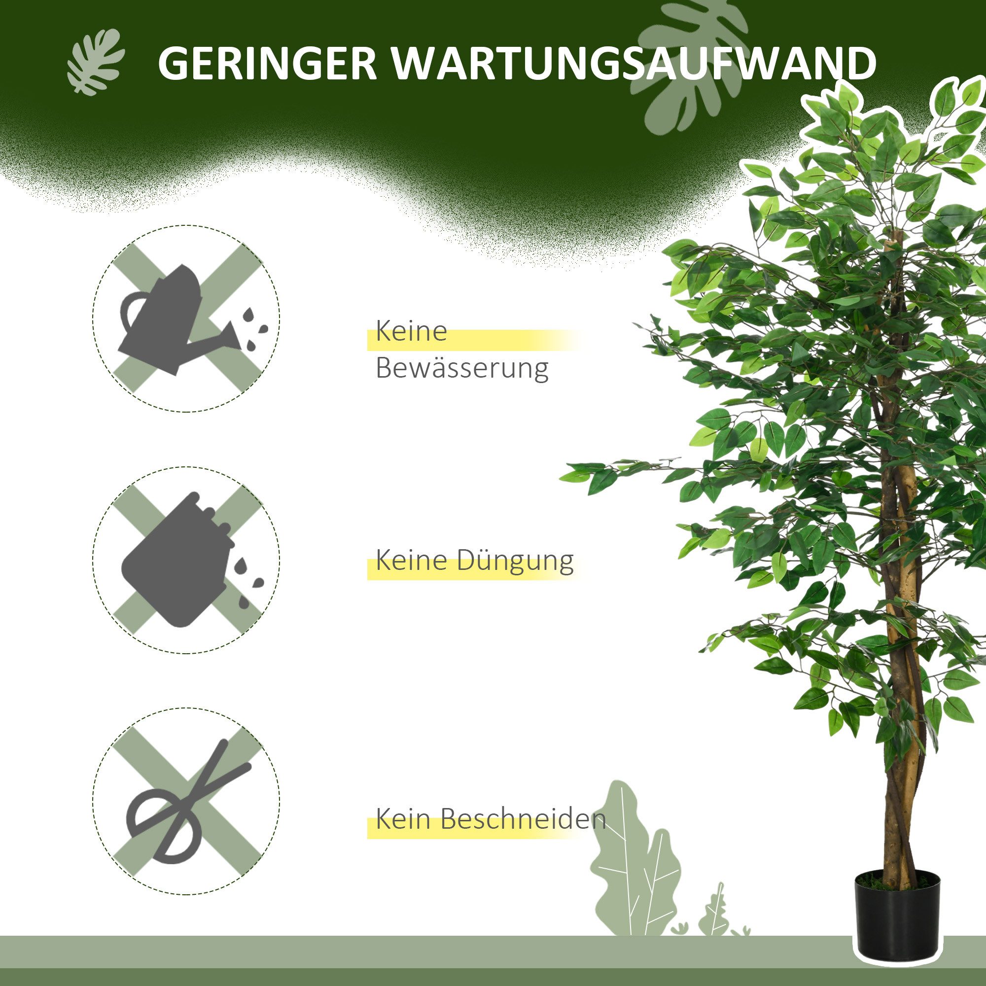 Kunstpflanze Künstliche Pflanzen, Kunstbaum wie echt, Wohnzimmer, Schlafzimmer Ficus, HOMCOM, Höhe 150 cm, Kuststoff, Grün – Bild 5 von 5