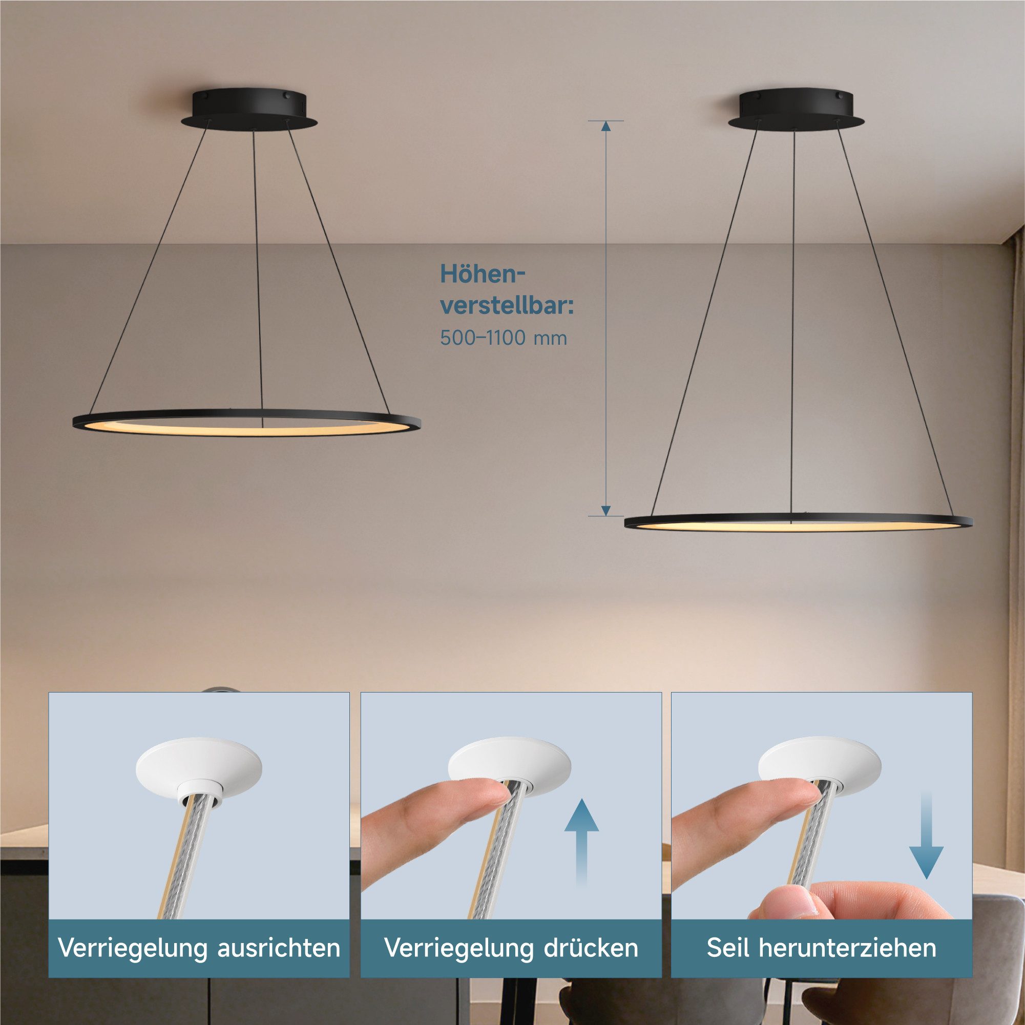 doporro Pendelleuchte Pendellampe Hängeleuchte höhenverstellbar stufenlos dimmbar Luvina01, Farbtemperatur von 3000–6000K einstellbar, LED-Pendellampe – Bild 5 von 5