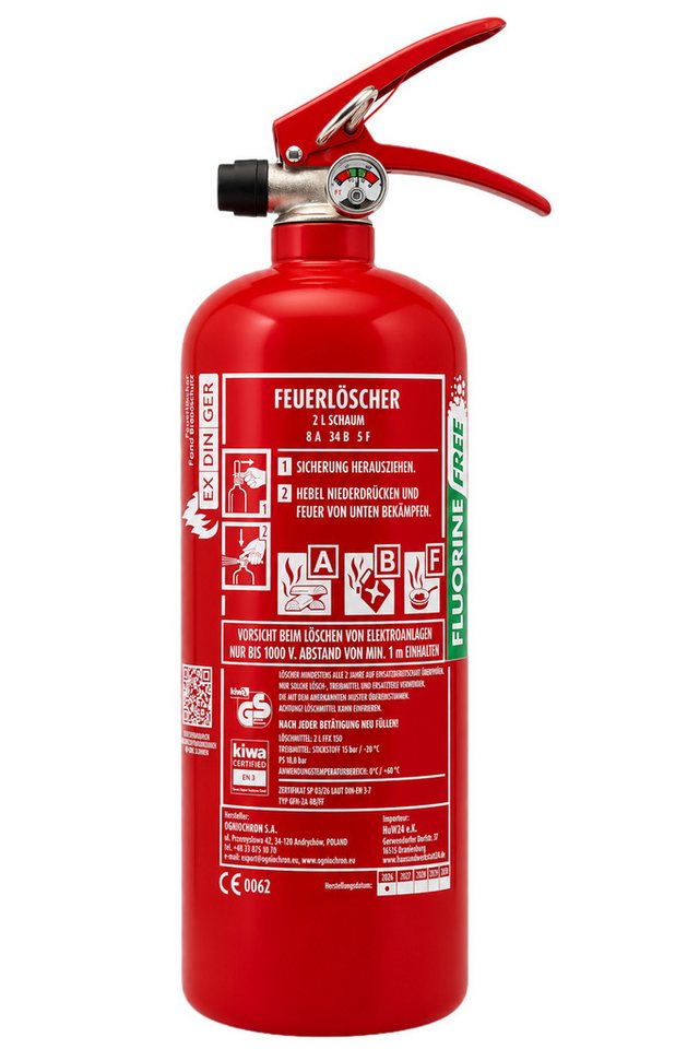 EXDINGER Schaum-Feuerlöscher Schaumlöscher fluorfrei GPN-2X-ABF/FF 2l Fettbrandlöscher 8A 34B 5F, Dauerdruck, FFX 150, (2-St) Dauerdrucklöscher
