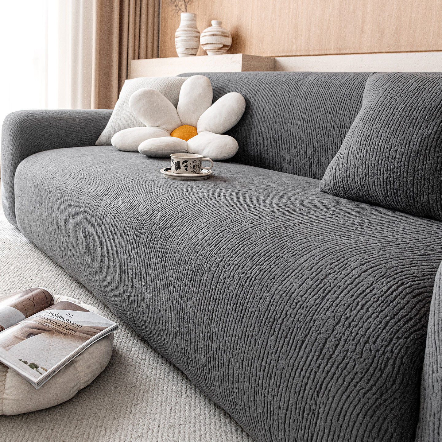 JASLIFE Sofahusse Stretch-Wellenstruktur, weich, elastisch und mit Befestigungsband