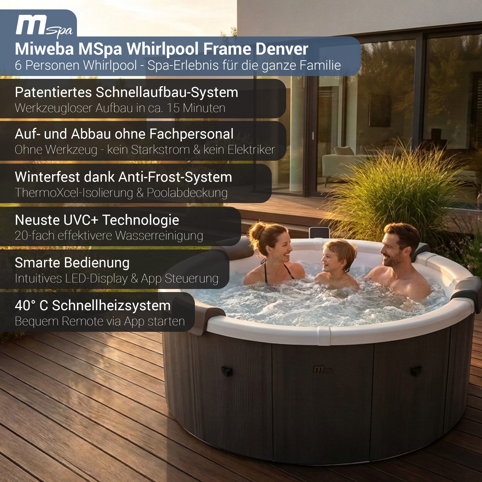mSpa Whirlpool Frame Denver F-DE066W, 6 Personen, App-Steuerung, UVC+ Reinigung, Stecksystem mit Einlageplane, (Whirlpool Outdoor 6 Personen, Luxus Garten Pool, Whirlpool aufblasbar, Whirlpool mit Schnellheizsystem, Whirlpool Outdoor winterfest), Whirlpool für 6 Personen, Whirlpool winterfest, Whirlpool mit App