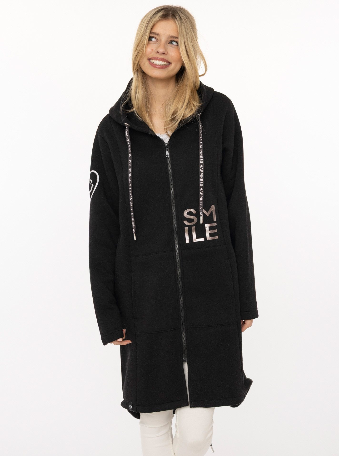 Zwillingsherz Kurzmantel "Alissa Shiny" Kapuze, Reißverschluss, glänzender Print, bedrucktes Band