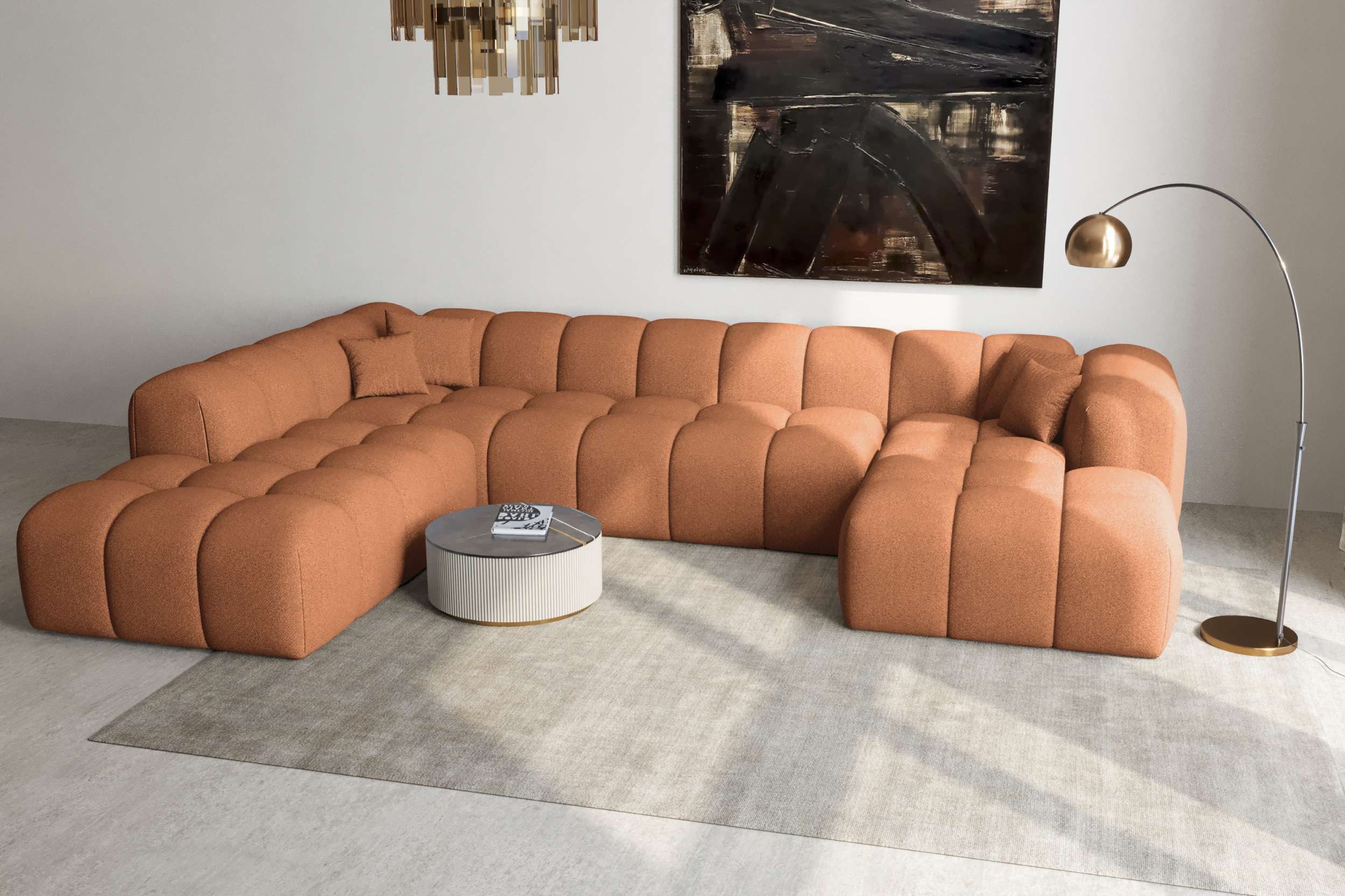 99rooms Wohnlandschaft Livorno XXL, Sofa, U-Form, Rundumbezug aus gepolstertem Strukturstoff NEVE