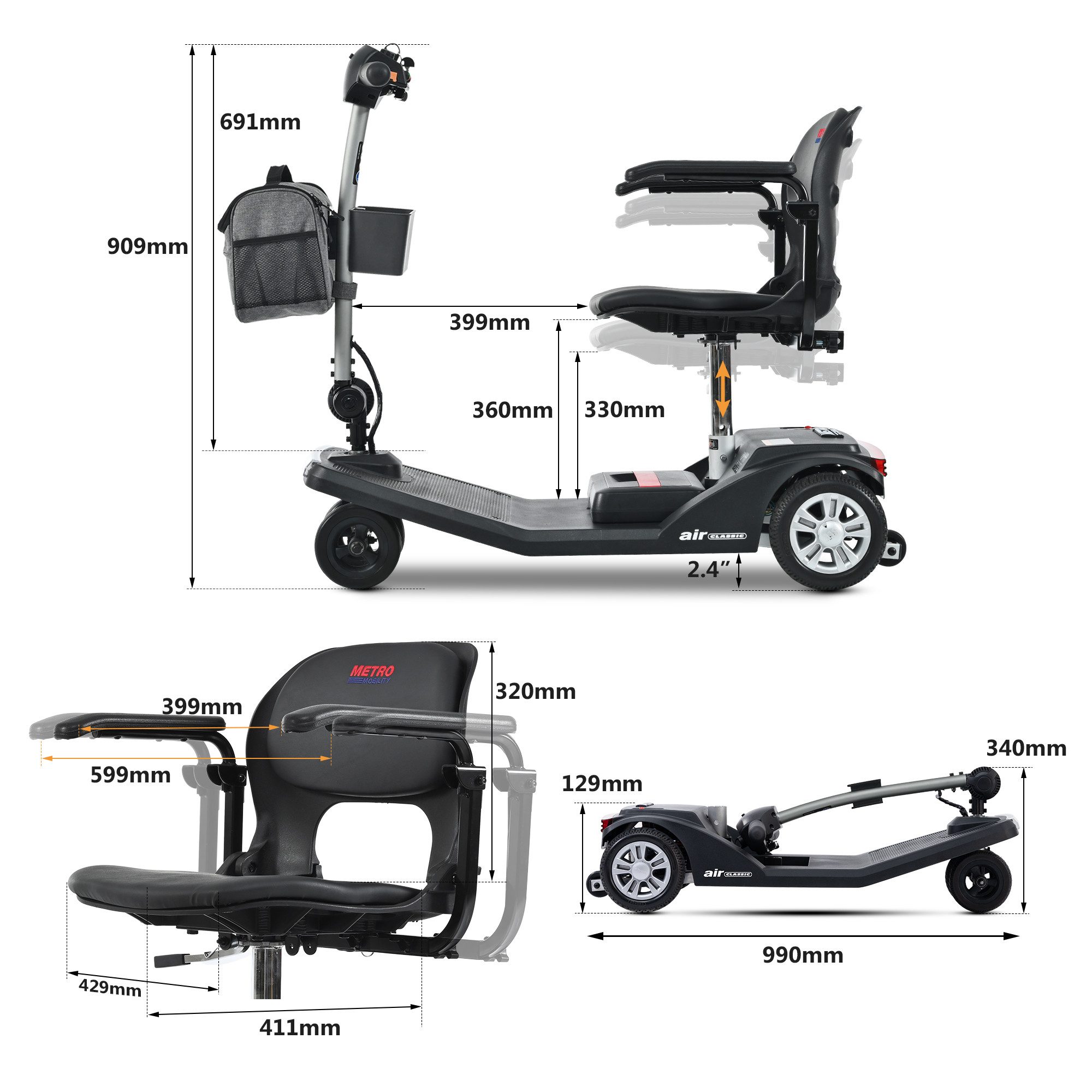 LVHOM Electric Mobility Scooter, Portable Aluminum (Lightweight yet Sturdy) - Senior Mobility Scooter, 4-Wheel, Foldable (can be taken in car trunks and on airplanes). Ergonomic seat (height-adjustable, 360° swivel) with armrests and front basket, front/rear LED lights with brake light and electromagnetic brake, high-quality collapsible aluminum alloy frame, [12Ah, 250W, 945mm]. 120 kg load capacity. 25 km/h. 20 km range. Airplane-compatible folding design (115 x 53.5 x 37 cm when packed), mobility freedom for generations, total weight: 29 kg