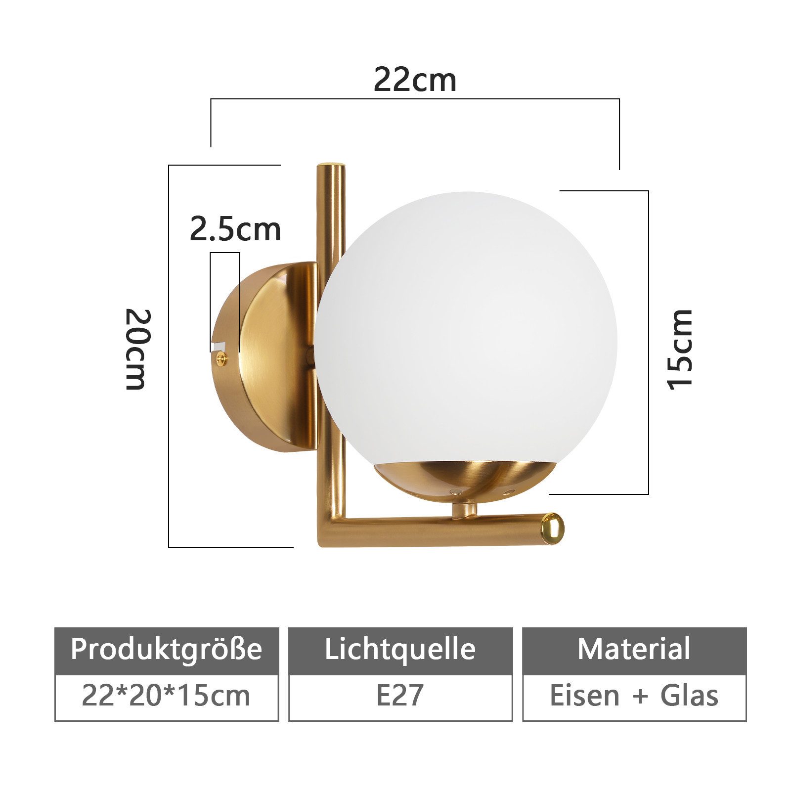Nettlife Wandleuchte Wandleuchte Vintage Gold Glaskugel E27, LED wechselbar, Modern Wandbeleuchtung für Flur Schlafzimmer Treppenhaus