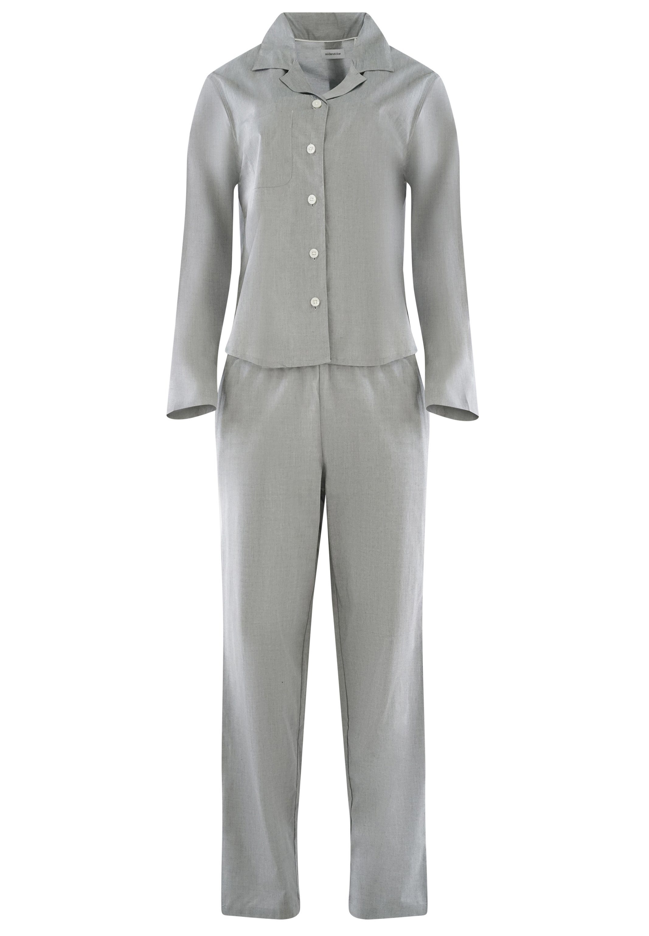 (Set, Chambray Pyjama durchgehender mit 2 Baumwolle tlg) - Oberteil seidensticker Pyjama lang - Knopfleiste