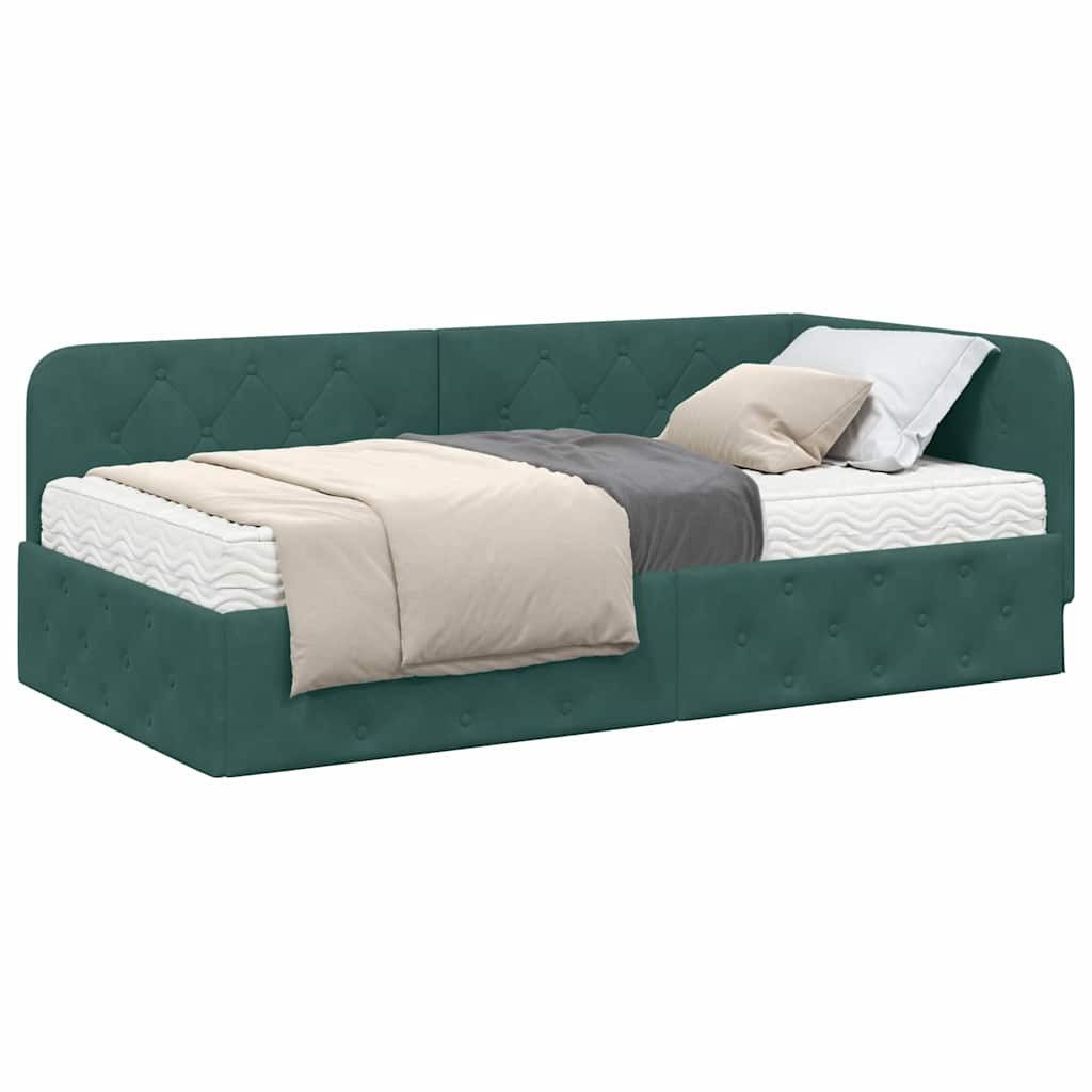 vidaXL Corner Bed Frame with Mattress, Dark Green, 90 x 200 cm, Velvet (1-piece)