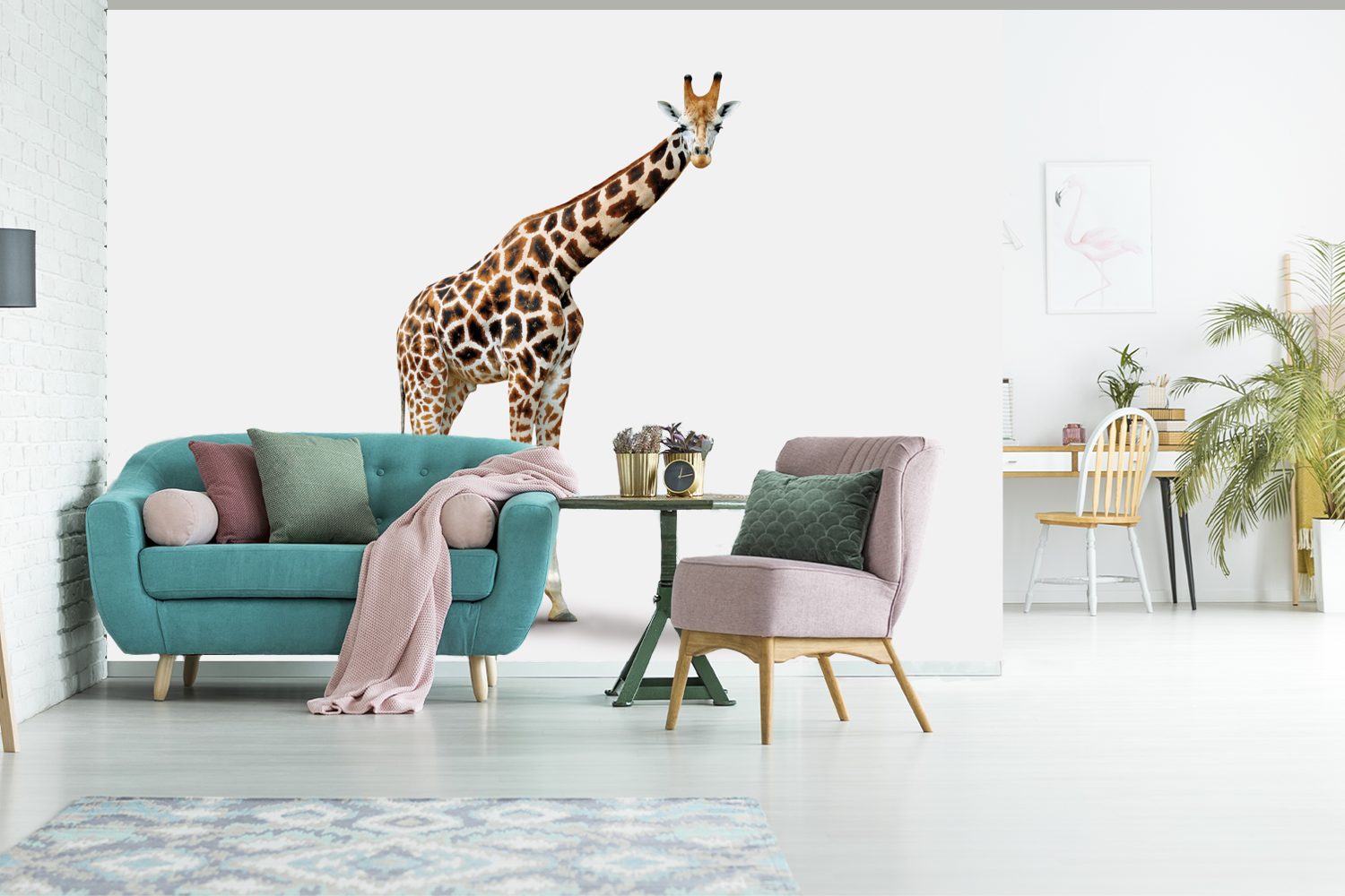 Wandtapete Kinder, Giraffe (6 - - für Matt, Fototapete St), Vinyl Weiß Tiere - Wohnzimmer, MuchoWow bedruckt, - Montagefertig - Jungen Tapete Mädchen