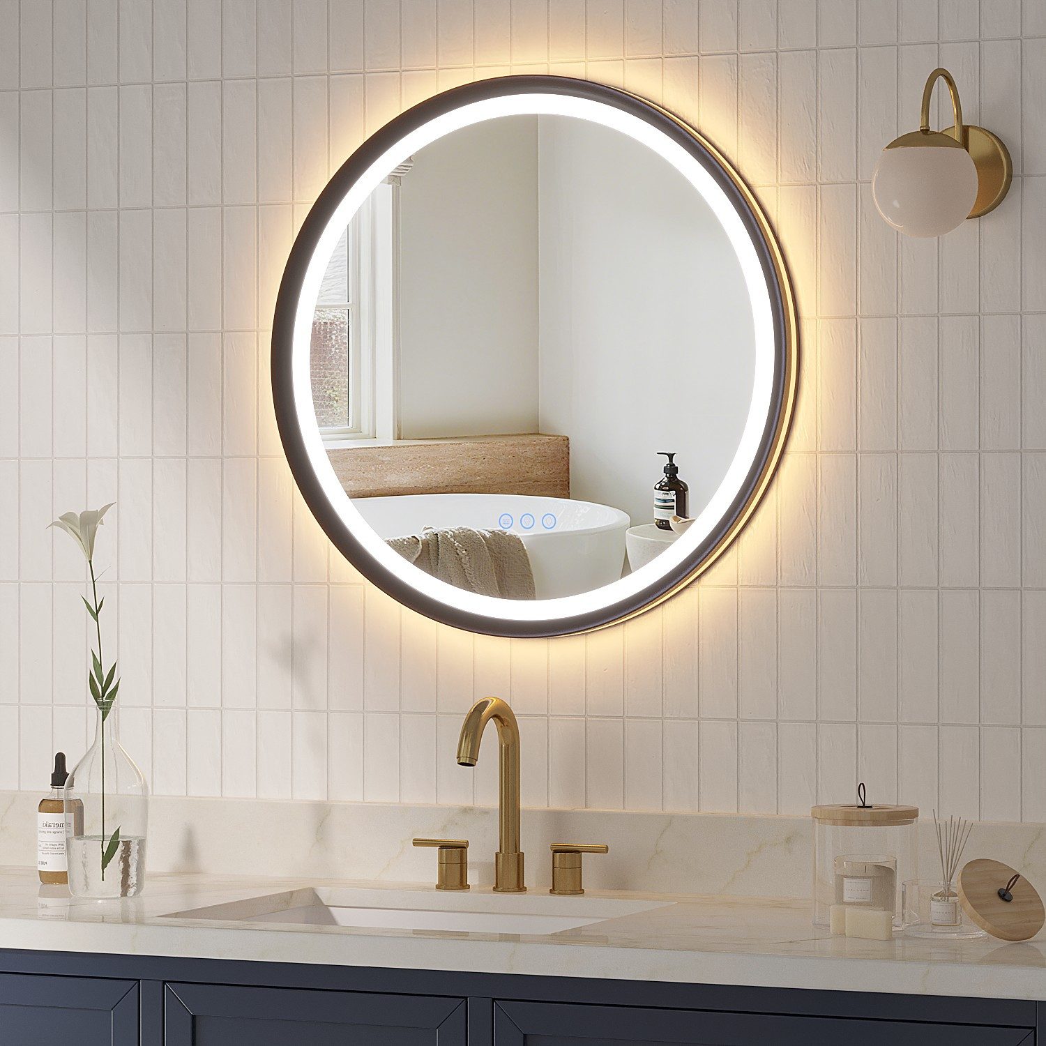 AQUABATOS Badspiegel mit LED Beleuchtung Rund Badezimmerspiegel 60 cm dimmbar Wandspiegel, Beschlagfrei, Touchschalter, Memory, Kaltweiß 6400K & Warmweiß 3000K