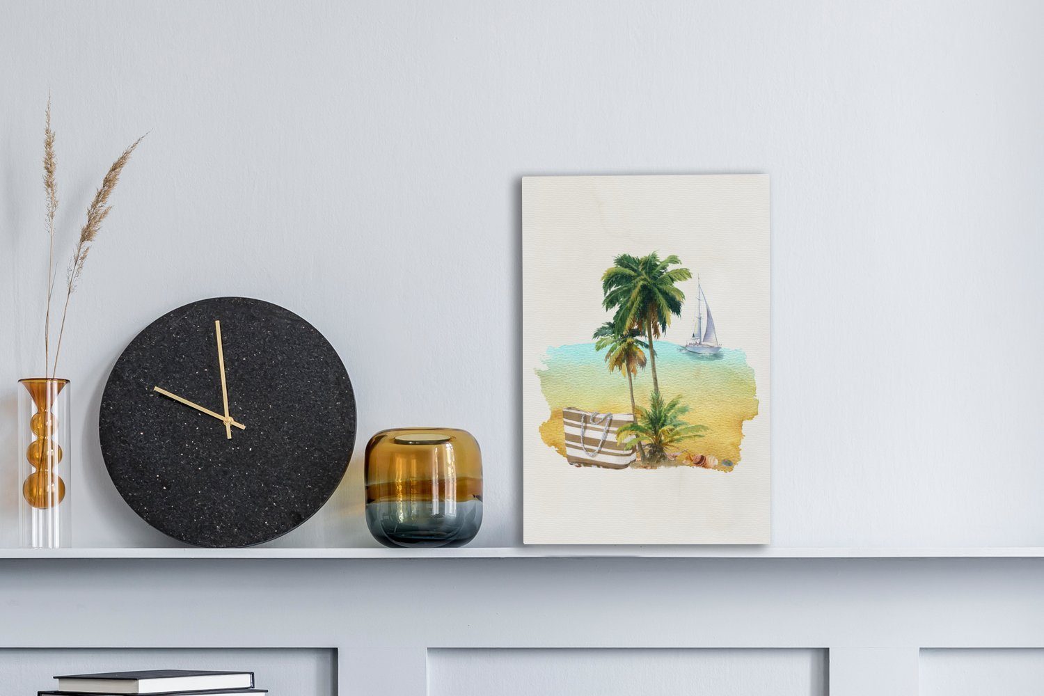 20x30 cm Palme bespannt Aquarell, (1 Gemälde, - Leinwandbild Boot St), inkl. Strand Zackenaufhänger, - fertig OneMillionCanvasses® Leinwandbild -