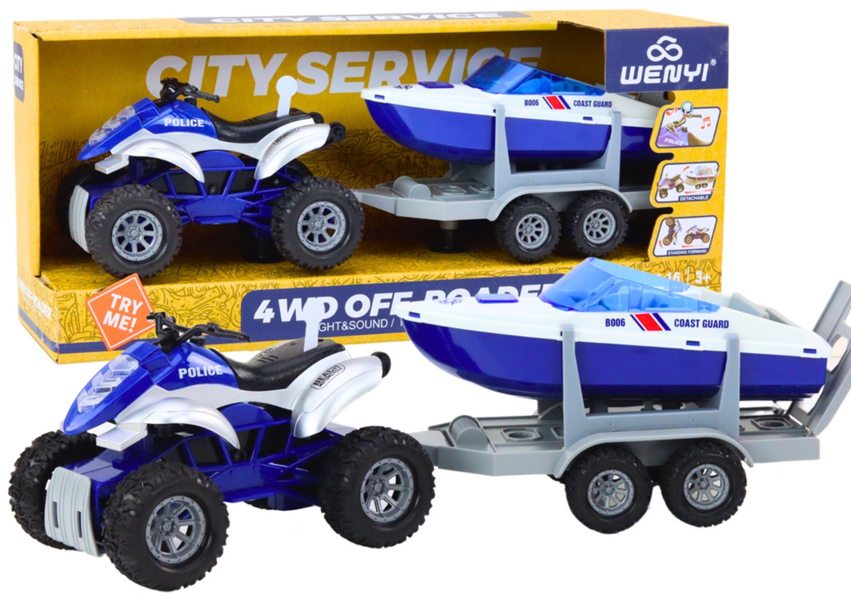 Wisam Spielzeug-Auto Polizeiquad mit Anhänger zum Transport eines Bootes und eines