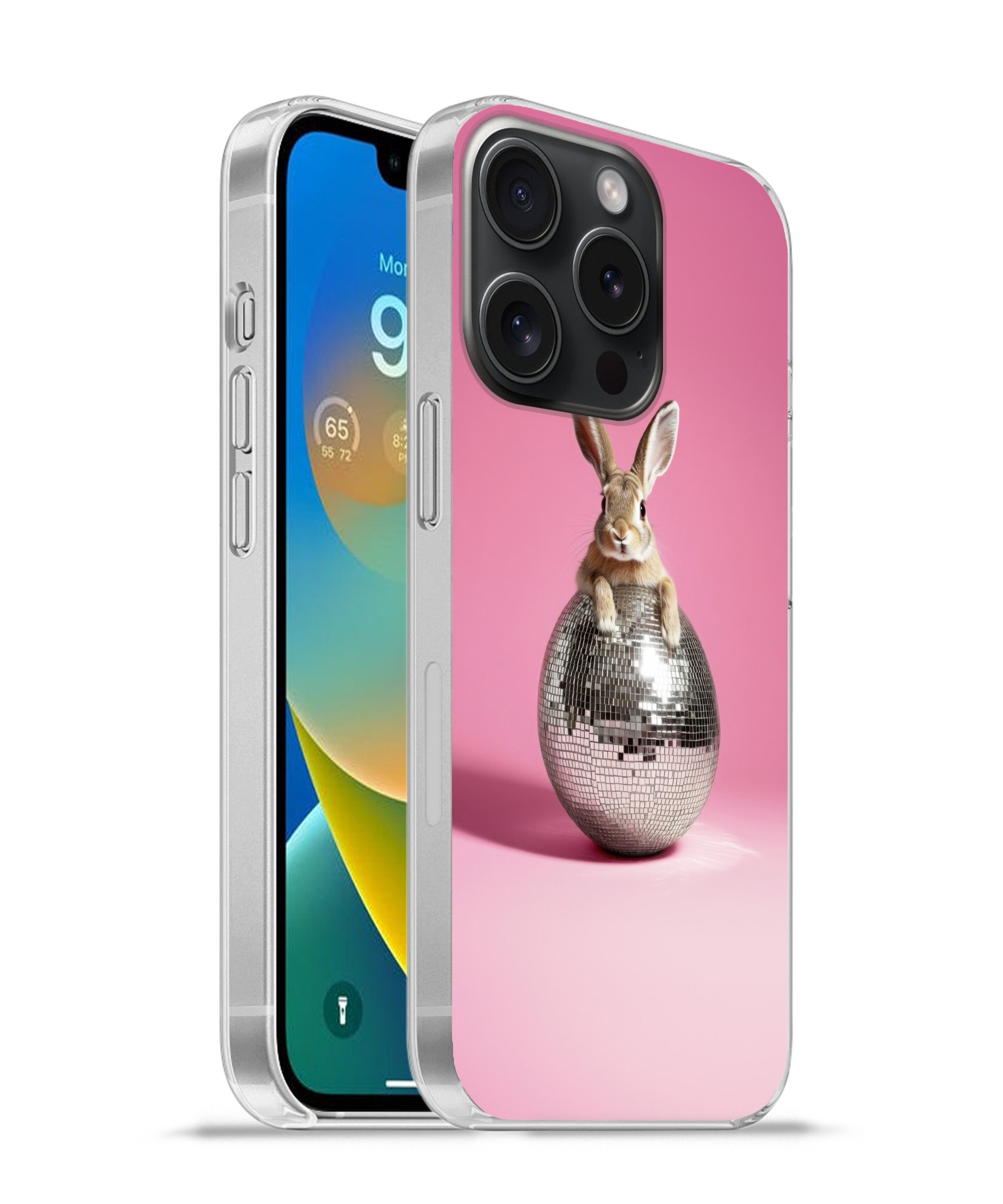 MuchoWow Handyhülle für Apple iPhone 15 Pro Hase - Schleife -Diskokugel, Smartphone-Bumper, Print, Handy Schutzhülle Dünn