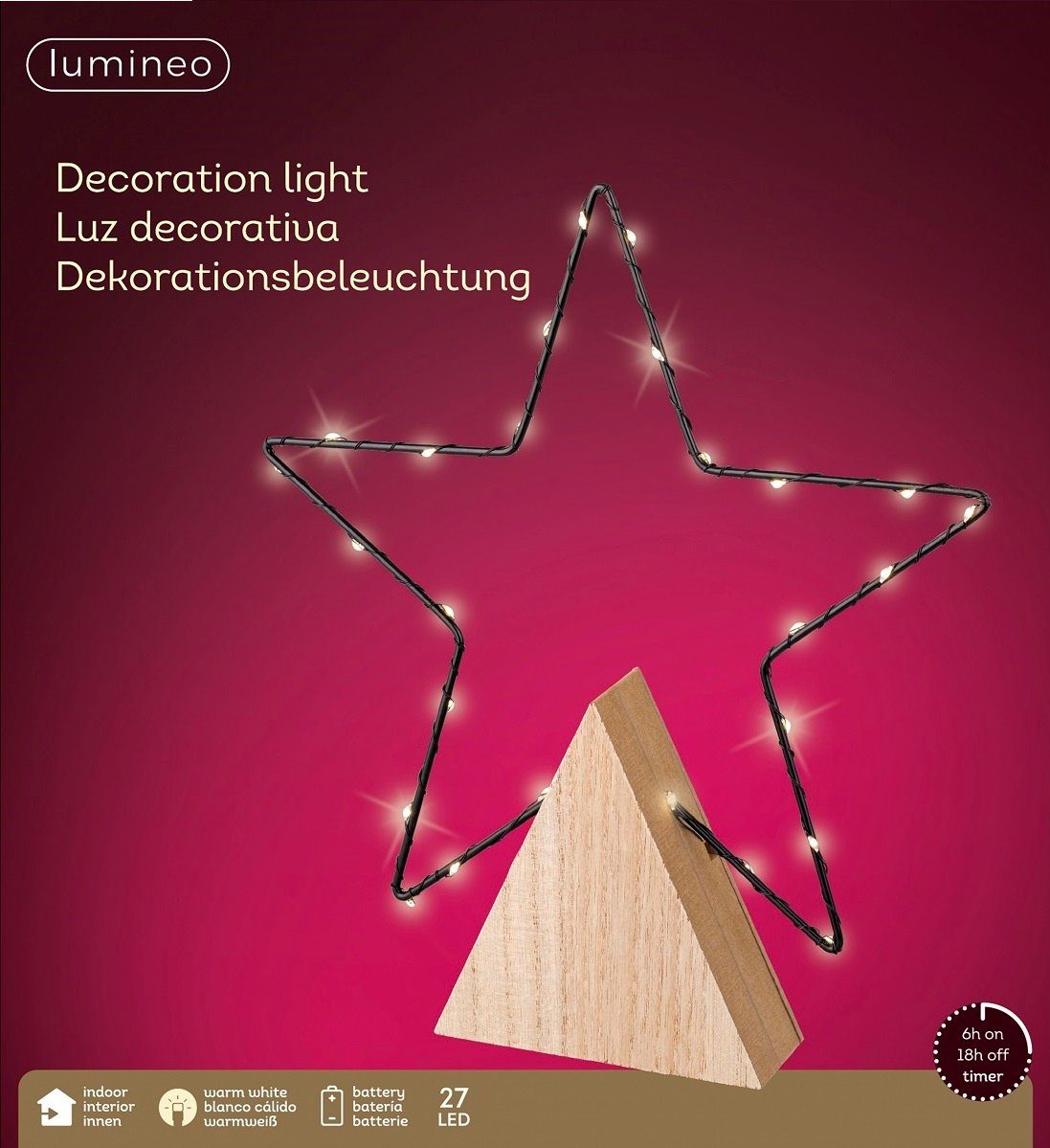 Lumineo LED Stern LED Stern-Beleuchtung 27 LED, warm weiß, batteriebetrieben, Warmweiß, 6-Stunden-Timer, Innenbereich