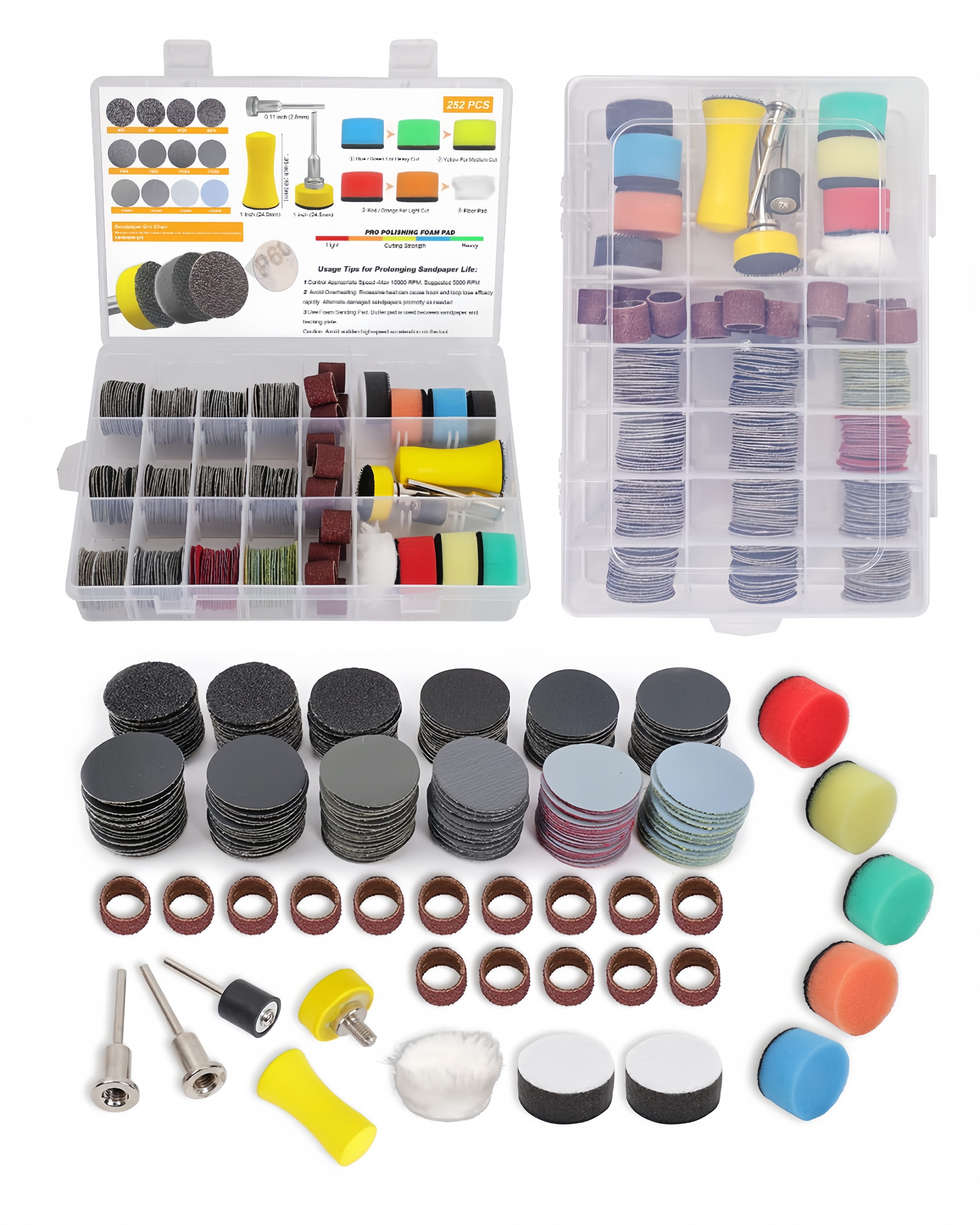 FOUORTUNATE-BEE Polierpad 268 tlg. Schleifset 1 Zoll für Dremel, Nass- & Trockenschliff, Schleifhülsen Set mit Schleifpapier für Dremel, vielseitig