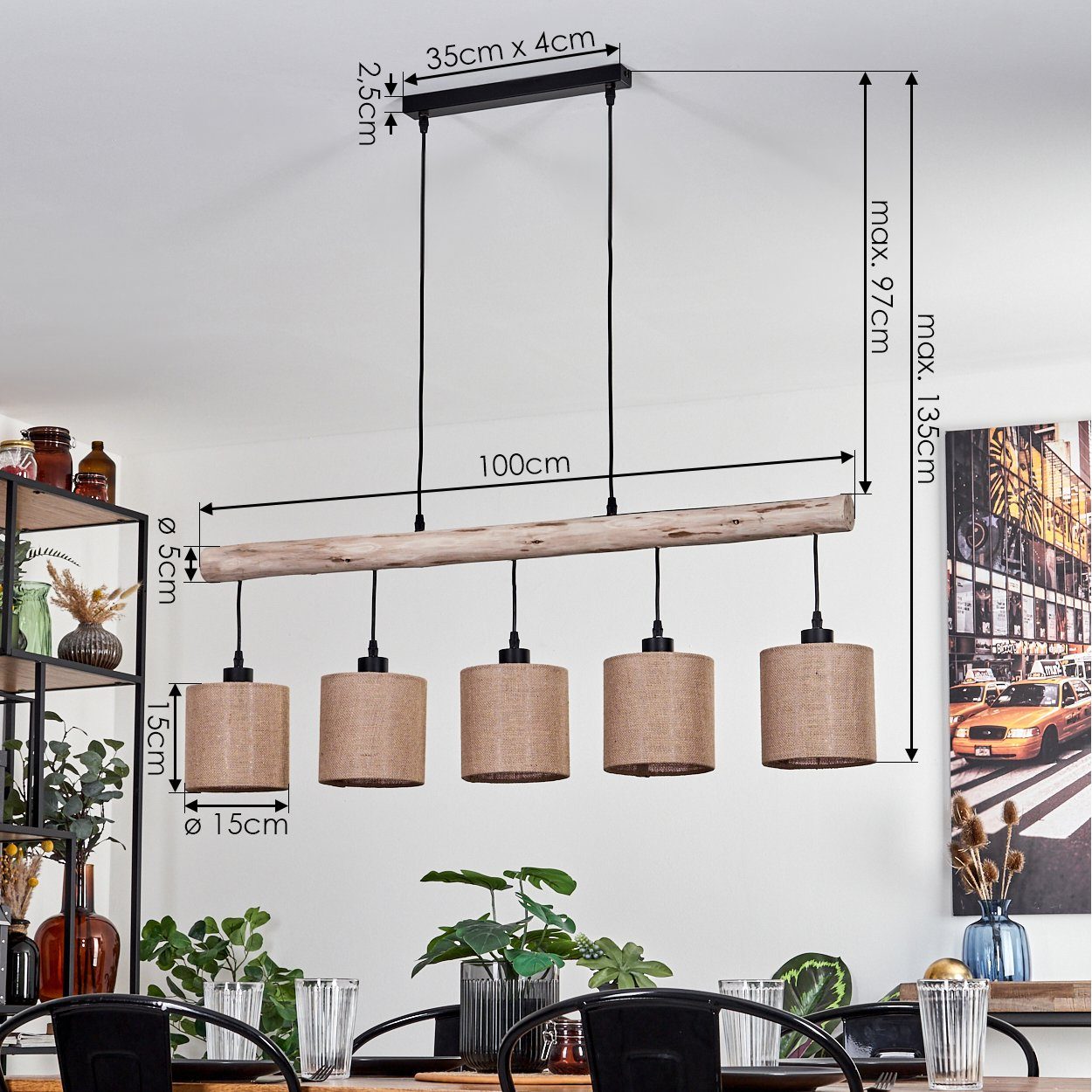 hofstein Pendelleuchte moderne Hängelampe aus Holz/Metall/Leinen in Natur/Schwarz/Beige, ohne Leuchtmittel, Hängeleuchte im skandinavischen Design, 5xE27, ohne  – Bild 4 von 5