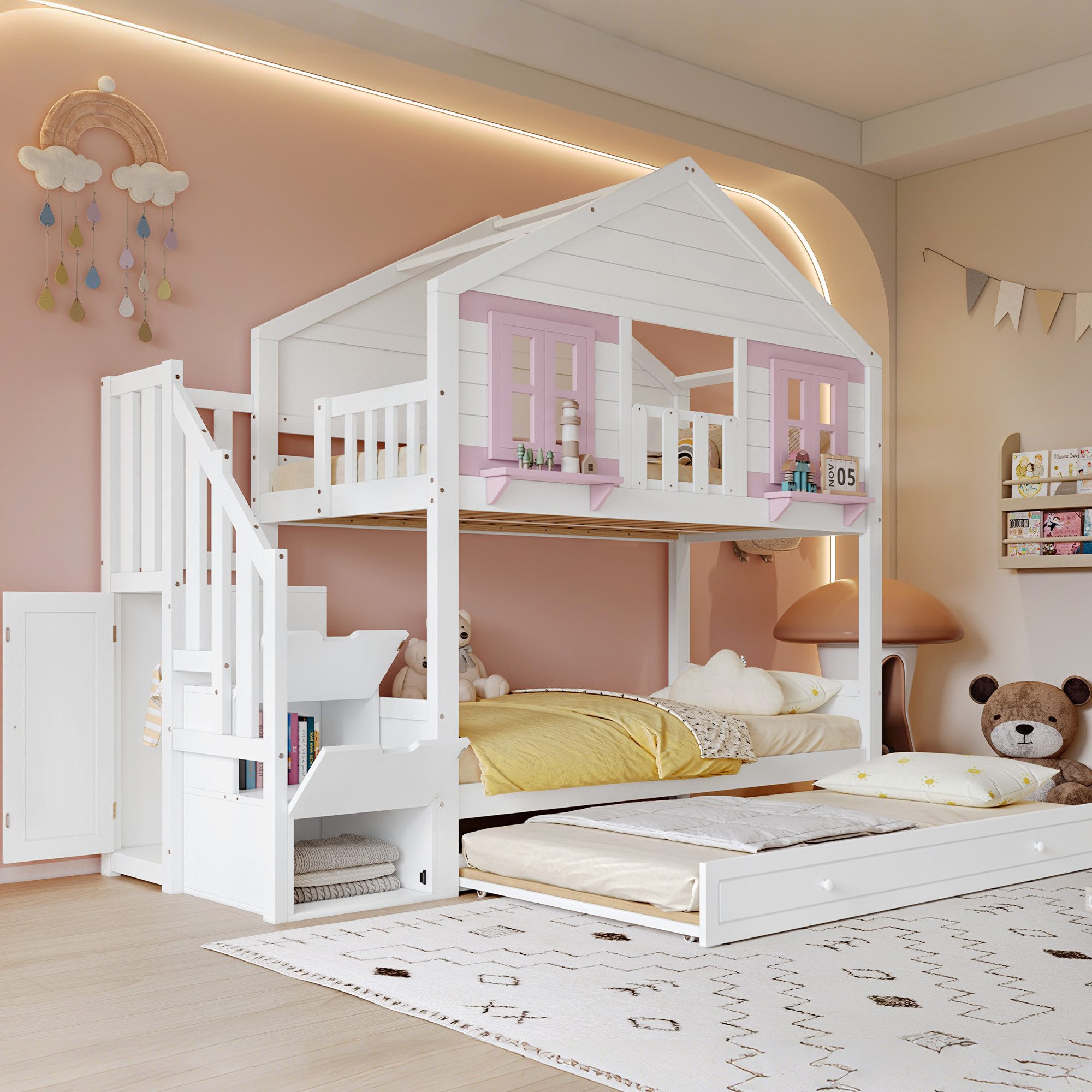 Flieks Etagenbett, Kinderbett Hausbett 90x200cm mit Ausziehbett 90x190cm & Stauraumtreppe