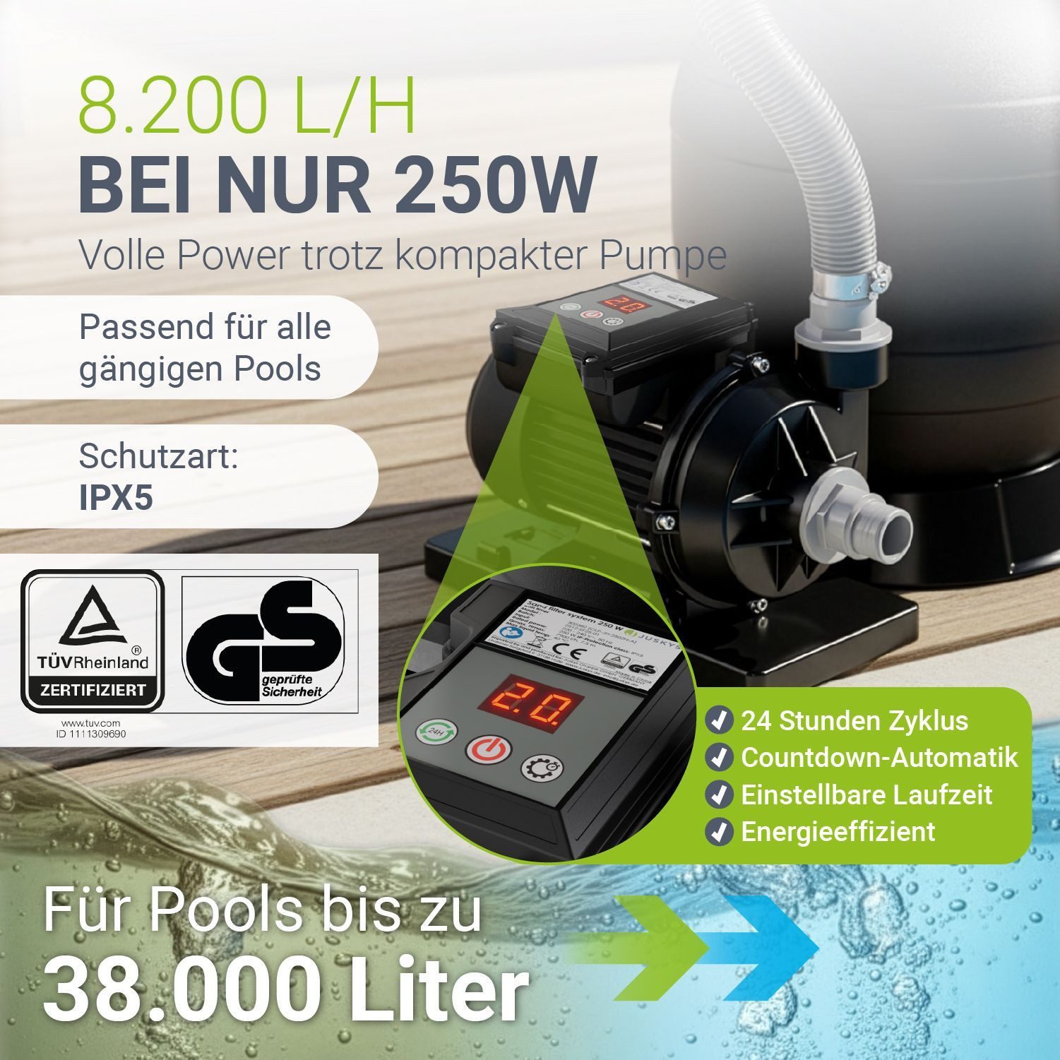 Juskys Sandfilteranlage, Timer-Funktion & 7-Wege-Ventil und Filterbälle, inkl. 2in1 Adapter