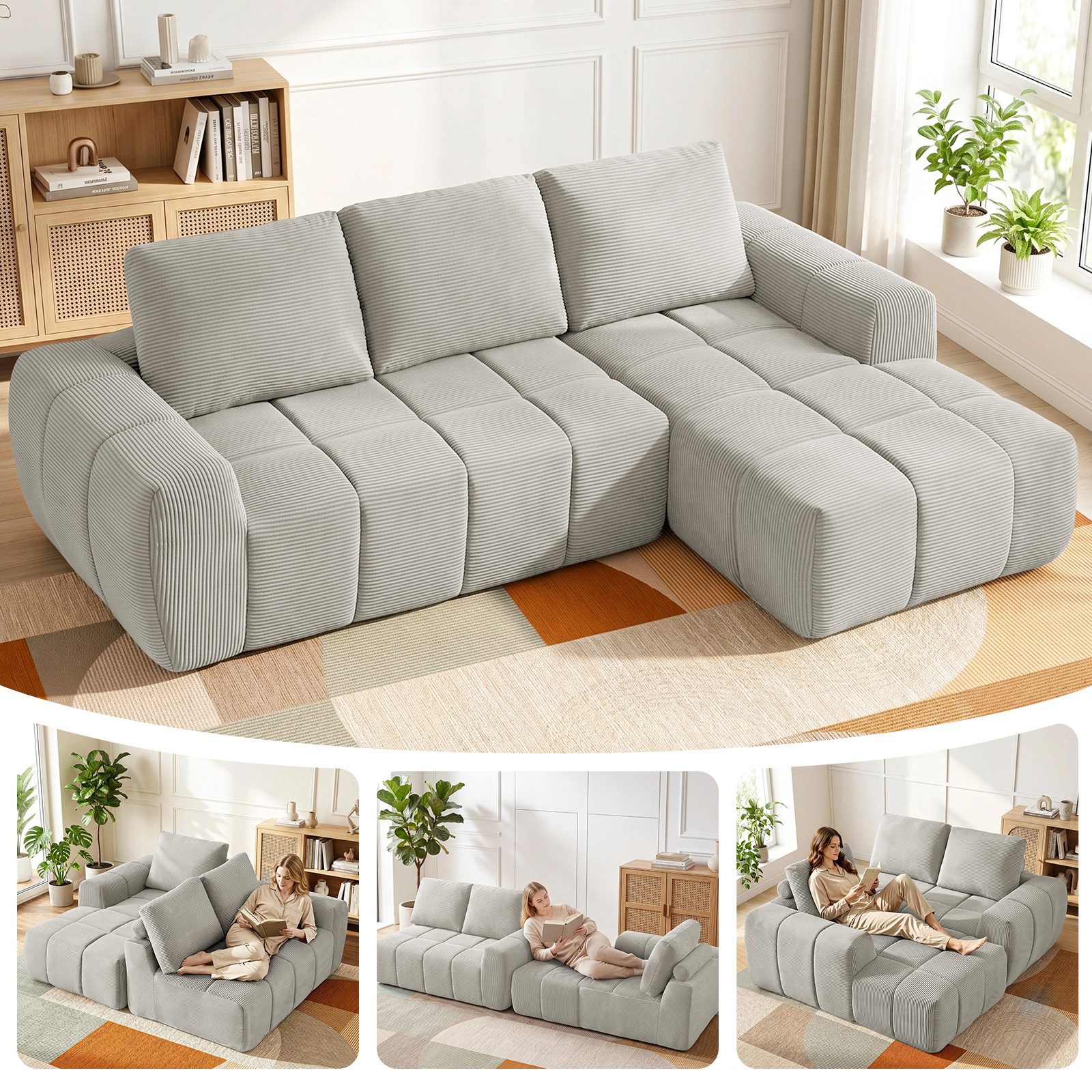 ANYSUN Ecksofa Modernes übergroßes Ecksofa, Cord-L-Sofa, Sofa Links / Rechts Cord, Kompressionssofa,mit abnehmbaren Kissen, keine Montage erforderlich, gepolsterte Sofas für Wohnzimmer, Wohnung und Büro