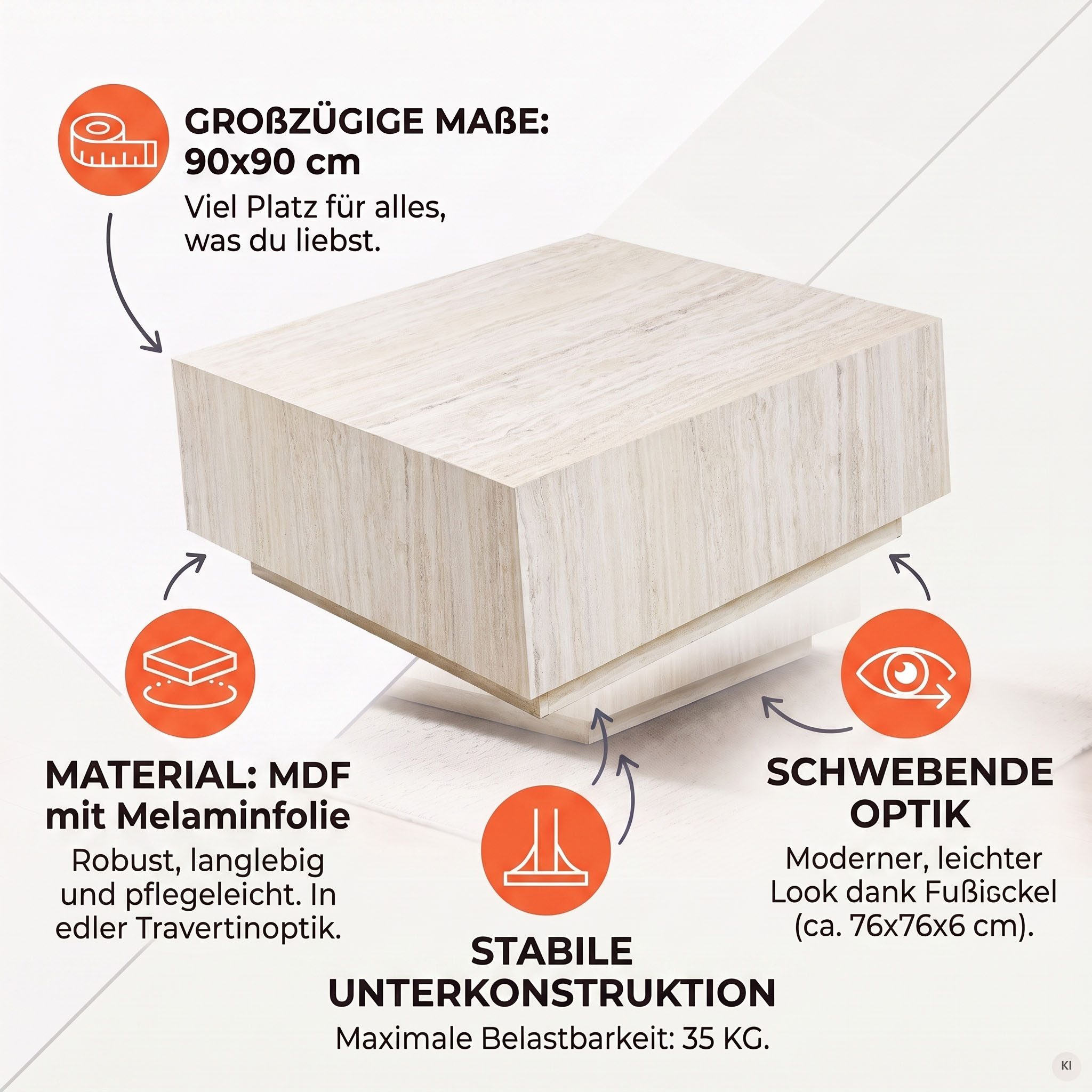 SalesFever Couchtisch AlmerÃ­a Wohnzimmertisch: Beistelltisch mit Schwebe-Effekt, quadratisch 90x90 cm, in Marmoroptik foliert