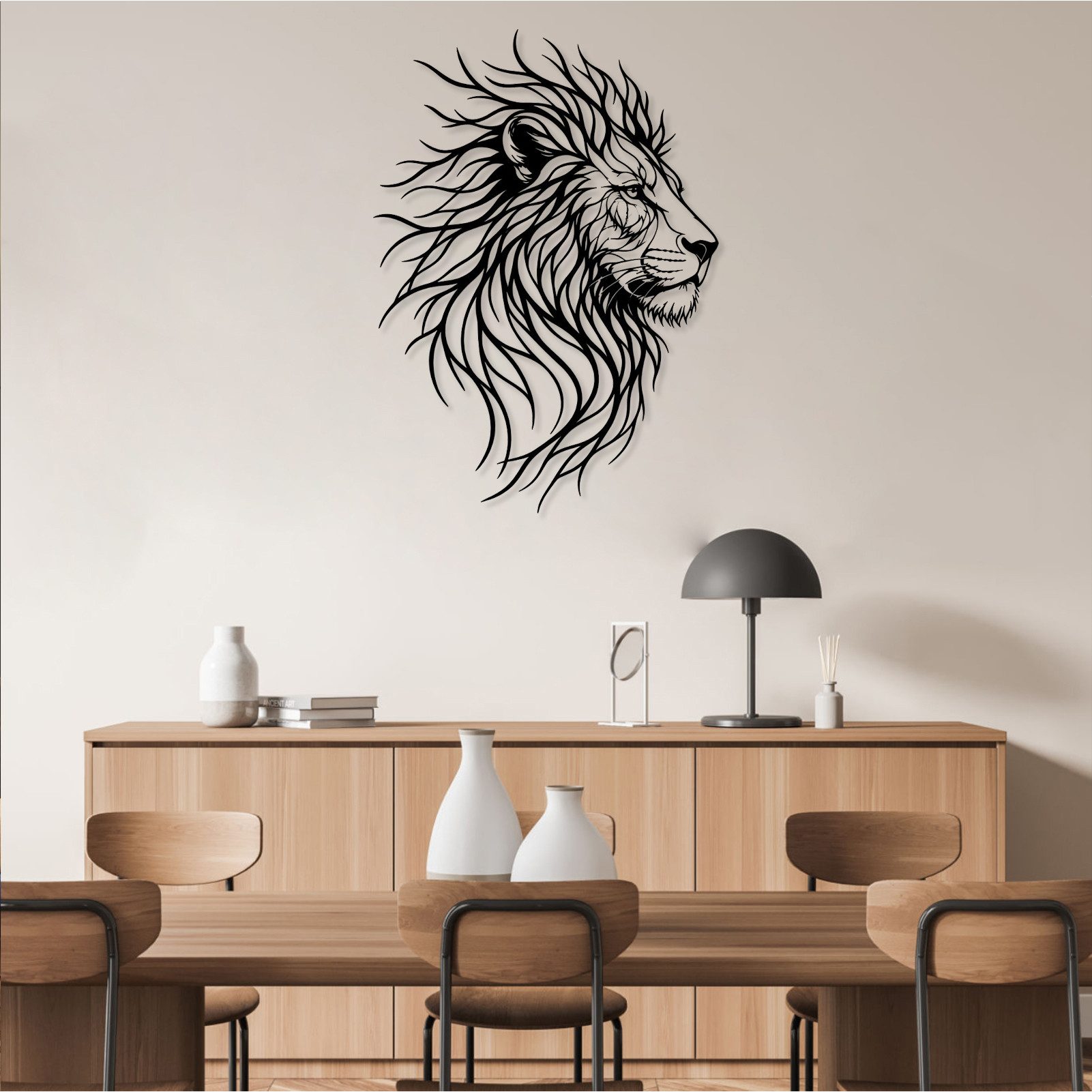 Jumpeak Wanddekoobjekt Metall Wandbild Löwe, im Profil,mit Mähne, Kunst mit dynamischen Linien, Metall, 3 Farben, 2 Größen, Wanddekoration für das Wohnzimmer,Kraft