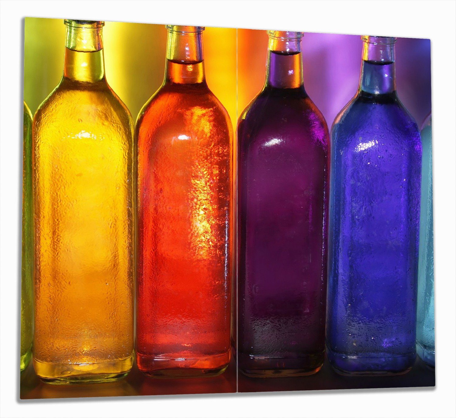Wallario Herd-Abdeckplatte Gelb-lila Flaschen, ESG-Sicherheitsglas, (Glasplatte, 2 tlg., inkl. 5mm Noppen), verschiedene Größen