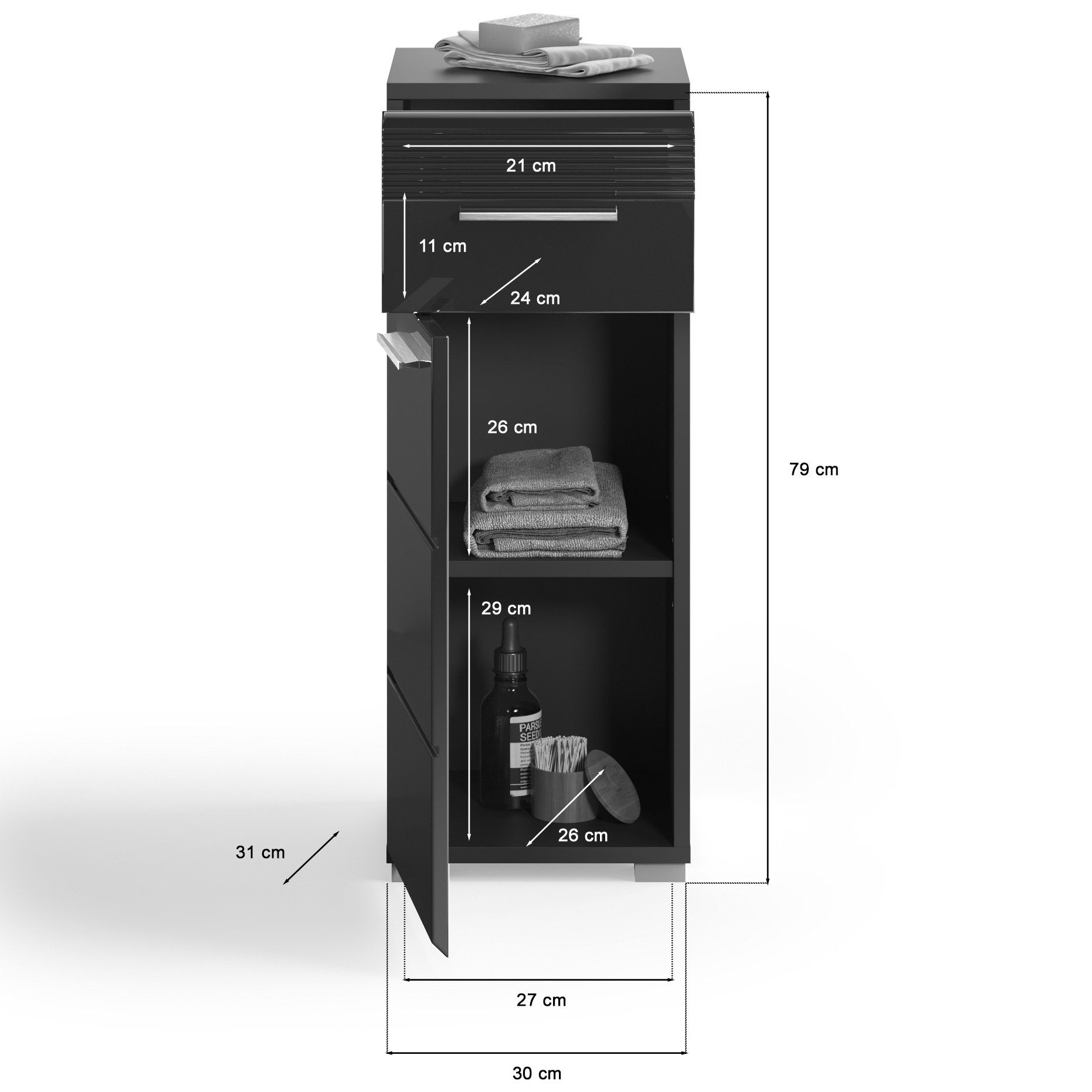 Newroom Kommode Schwarz Hochglanz 30 cm, Kommode Schwarz Hochglanz Modern Badschrank Standschrank Bad