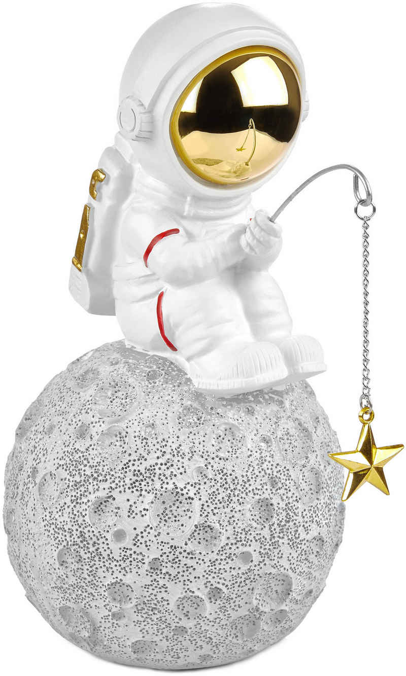 BRUBAKER Dekofigur Astronaut angelt nach Sternen - Stern-Angler auf dem Mond - 17cm Figur (Dekoration Weiß, 1 St., Handbemalte Raumfahrt Deko Statue - Modern), Weltraum Skulptur mit Angel und verchromtem Helm
