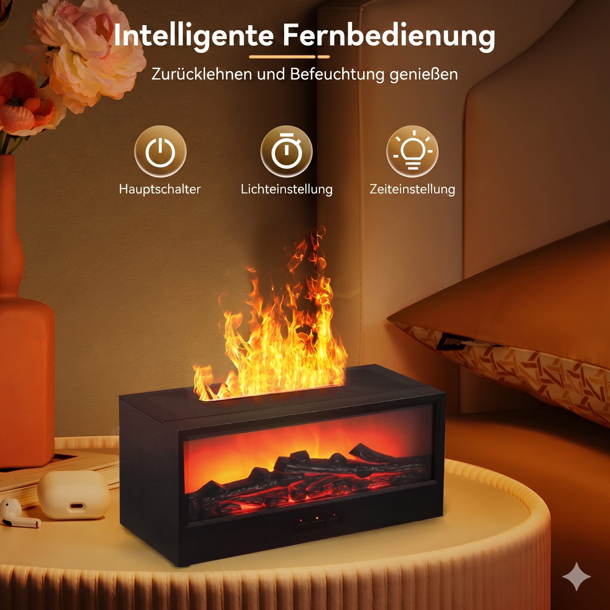 i@home Luftbefeuchter 3D-Flammen-Aroma-Diffusor, 150 l Wassertank, Timer, automatischer Abschaltfunktion, 7-farb LED-Nachtlicht, schwarz