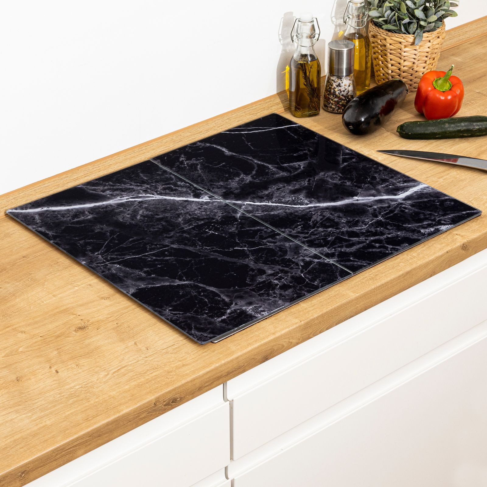 Herd-Abdeckplatte 2er Set Glasschneideplatte Herdabdeckplatten in Marmor schwarz Optik