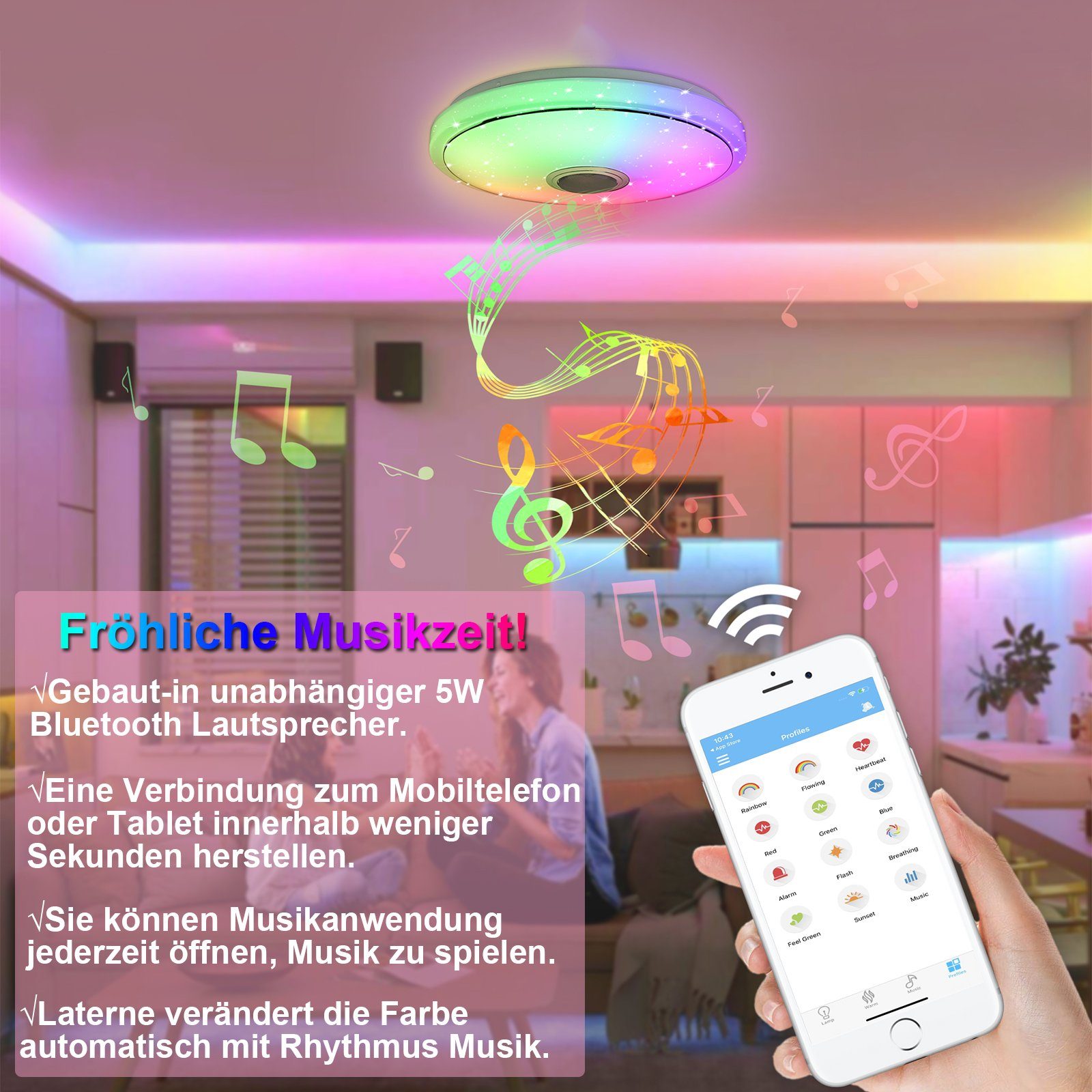 Schlafzimmer Deckenleuchte Smart Farbwechsel RGB Deckenlampe mit LED Bluetooth FB, + UISEBRT Dimmbar Deckenleuchte Partylicht für LED Wohnzimmer