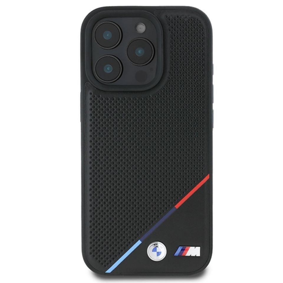 BMW Handyhülle iPhone 16 Pro Kunstleder Tricolor schwarz MagSafe Logo Metall 6,3 Zoll, Kantenschutz