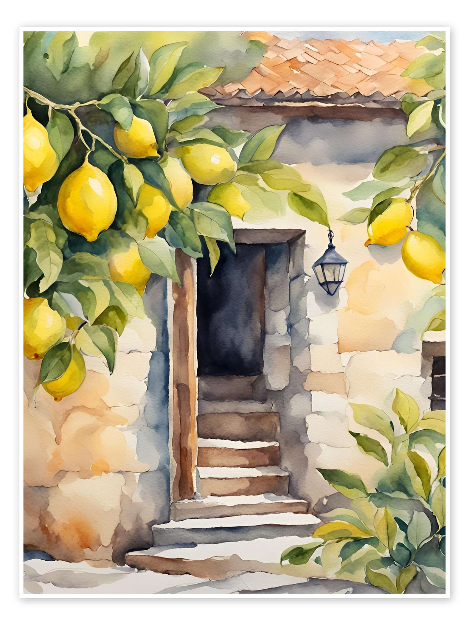Posterlounge Wandbild Zitronenbaum vor Natursteinhaus, Ohkimiko, erhältlich als Poster, Leinwandbild, Wandsticker oder Acrylglasbild