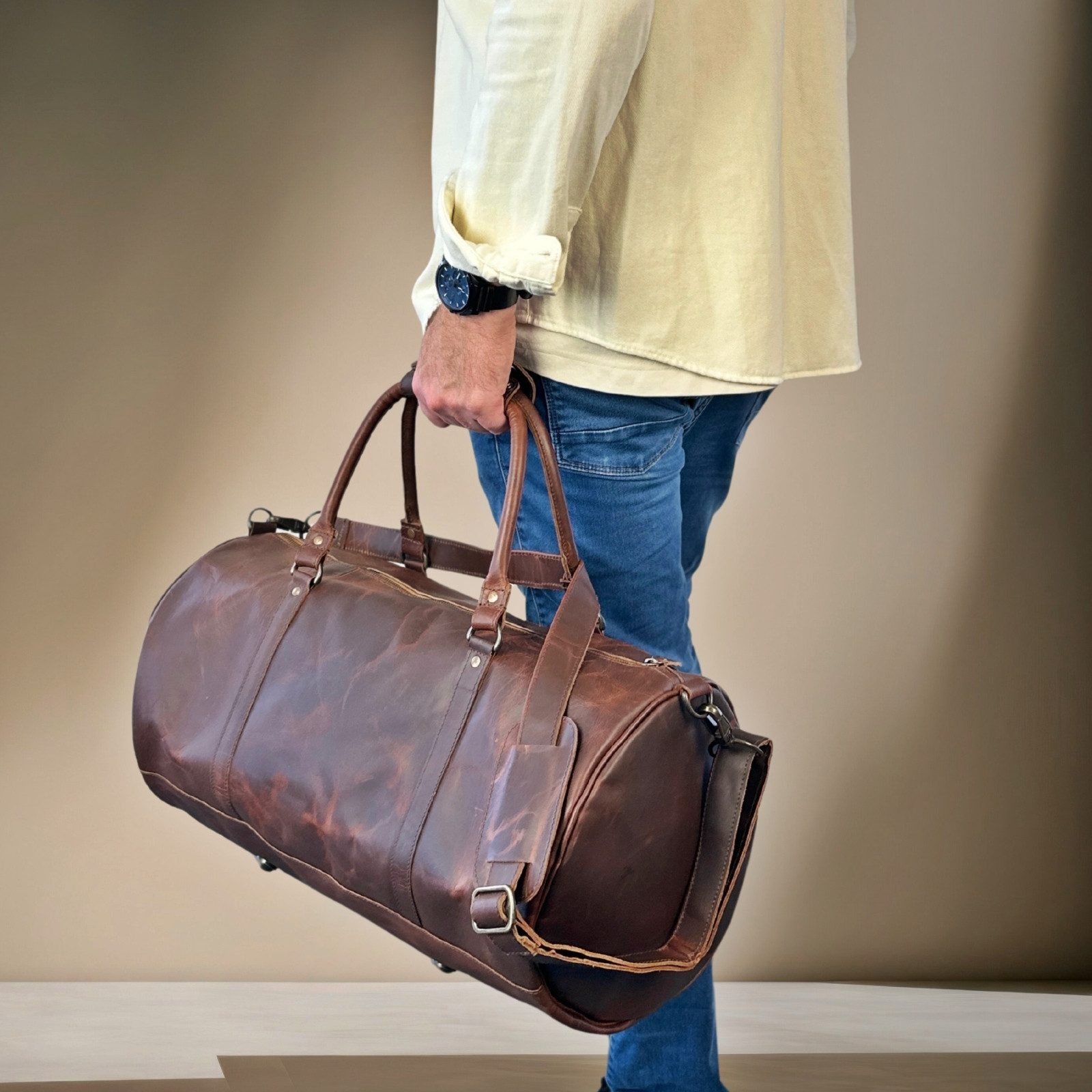 LECONI Weekender Reisetasche Damen & Herren Sporttasche Handgepäck Echt Leder LE2004, Vintage Rindsleder – Frontfach mit Reißverschluss – 53×28×28 cm