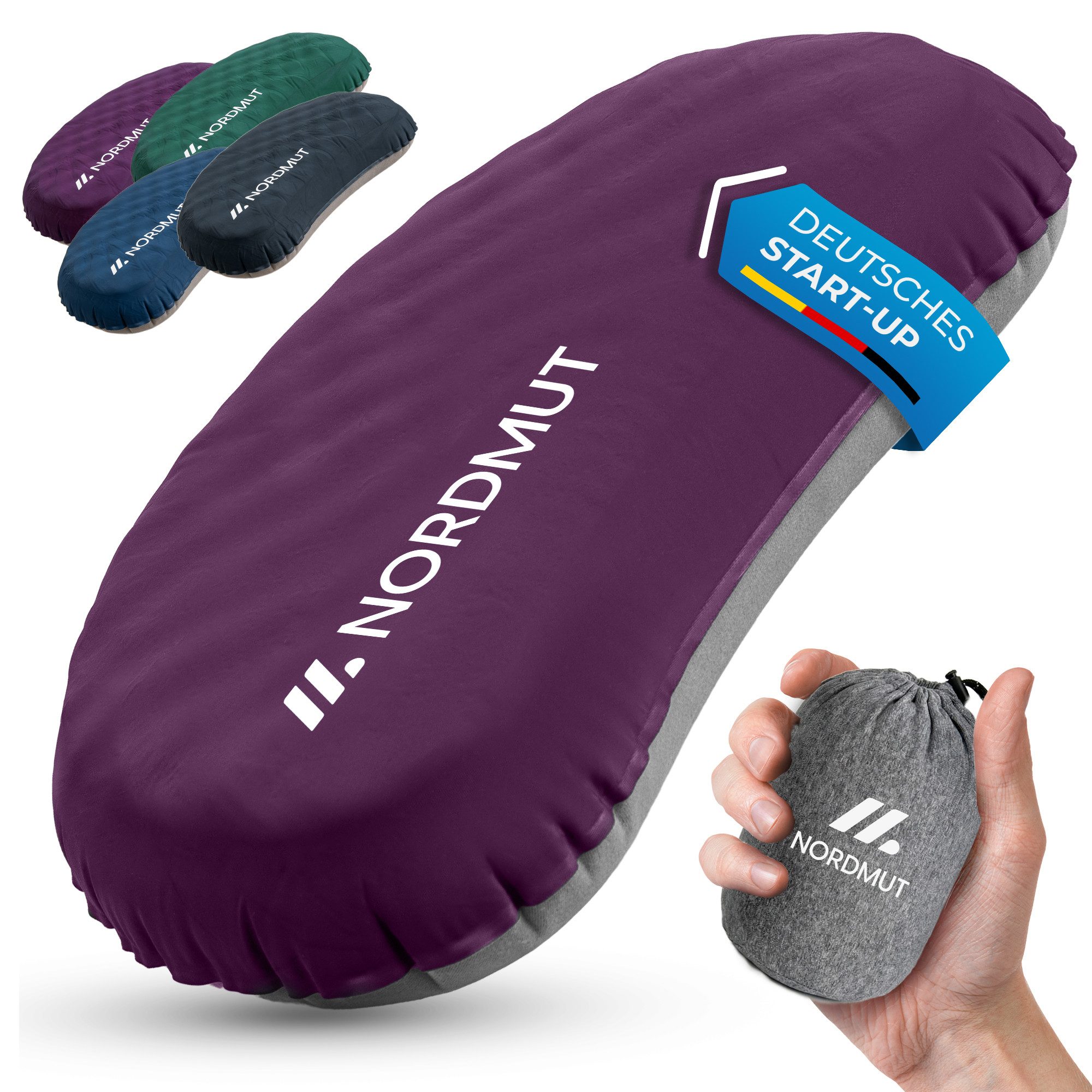 Nordmut Reisekissen aufblasbar & ergonomisch für Camping & Outdoor, kompakt & ultraleicht, Spar-Set, 1-tlg., Nordmut Rago + Kompressionsbeutel, Trekking, Schlafkissen für Nacht, waschbarer Bezug, Kompressionsbeutel