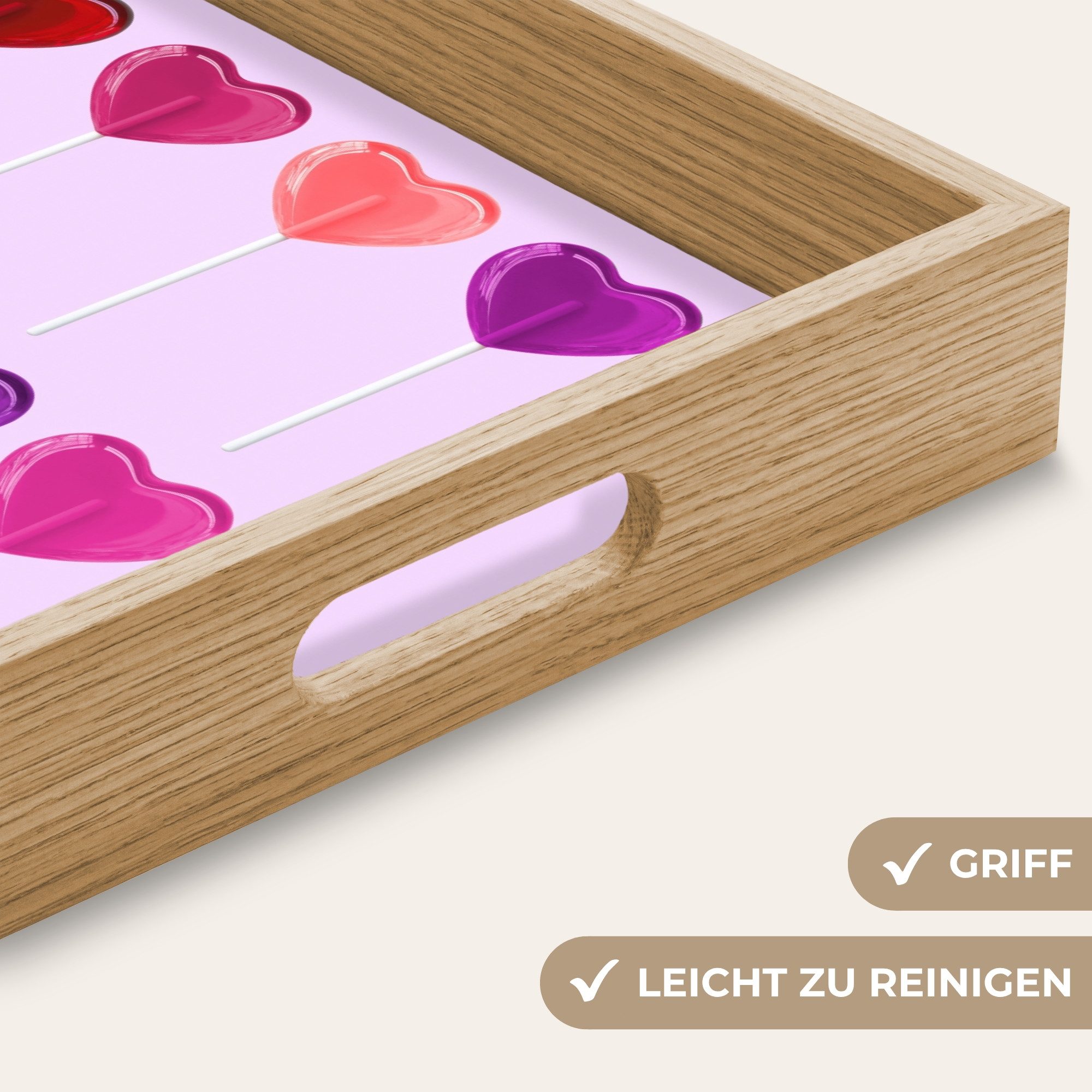 OnlyWow Tablett Rechteckig mit Henkel Lutscher - Herz - Rosa - Bonbon, Eichenholz, (1-tlg), Siervierplatte, Tray, Frühstücksbrett