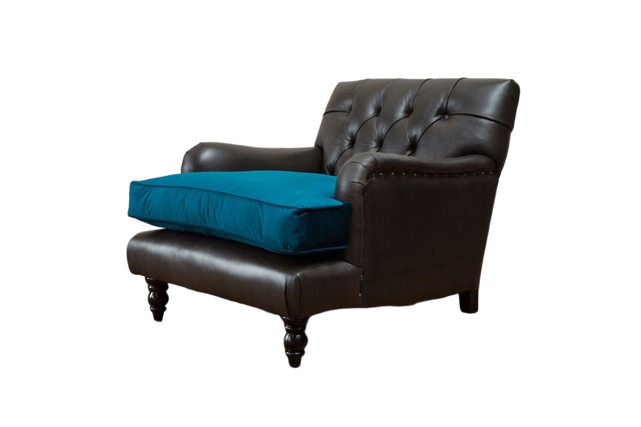 JVmoebel Chesterfield-Sessel Grau Polstersessel im Chesterfield-Stil mit Lederbezug und Holzfüßen (Packung, Sessel), Made in Europa