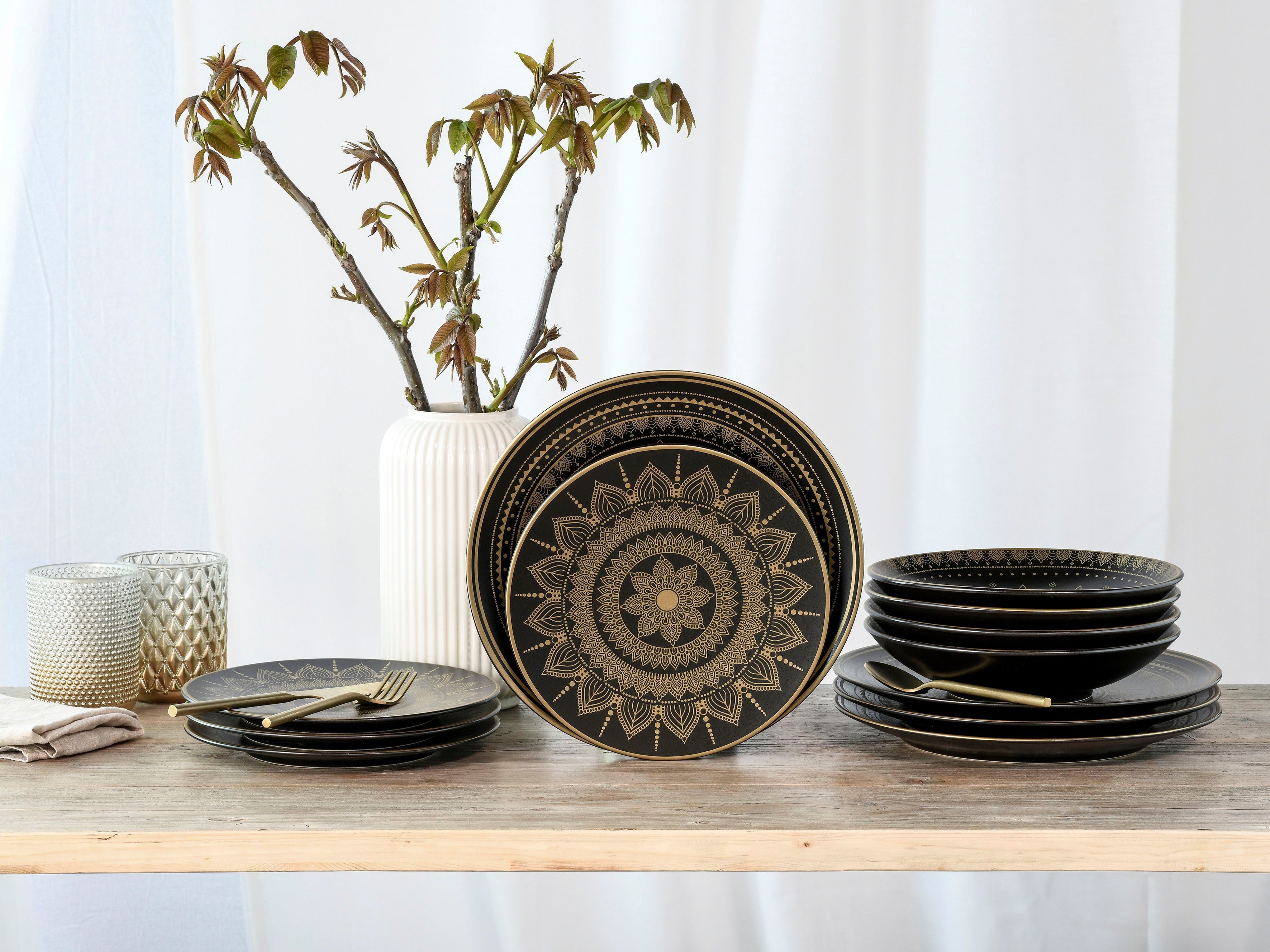 CreaTable Teller-Set Mandala Gold (12-tlg), 4 Personen, Steinzeug, Teller Set, goldene orientalische Motive, 12 Teile, für 4 Personen