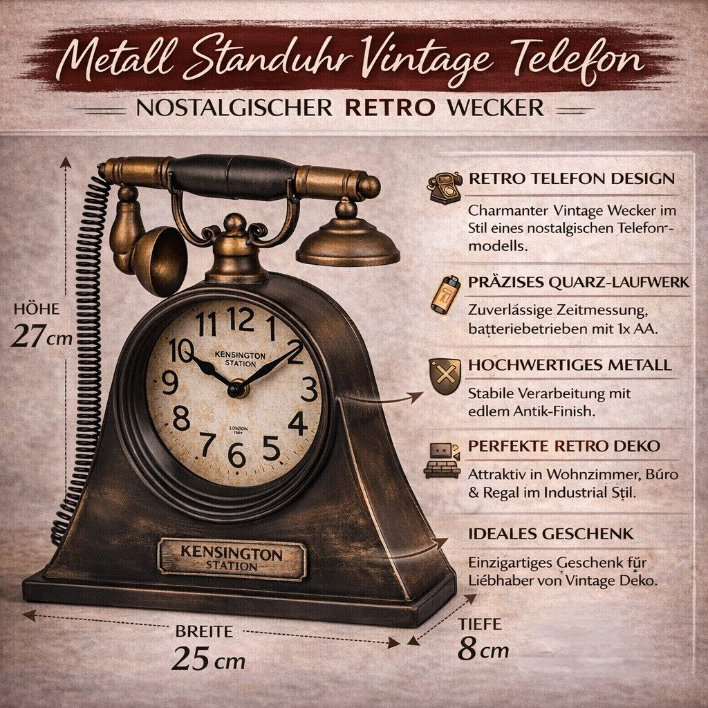 formano Wanduhr Metall Standuhr Vintage Telefon Tischuhr im Retro Design 27cm Quarz