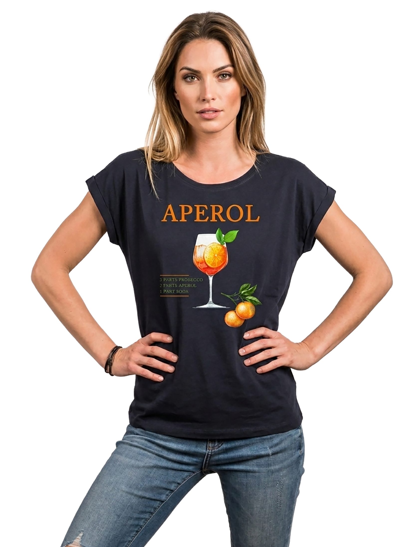 MAKAYA Print-Shirt Damen mit Orangen Motiv Aperol Spritz Glas Party Outfit Lässig Elegant (Schwarz, Weiß, Blau, Grau, Grün, Rosa, 34, 36, 38, 40, 42, 44, 46, 48, 50) große Größen