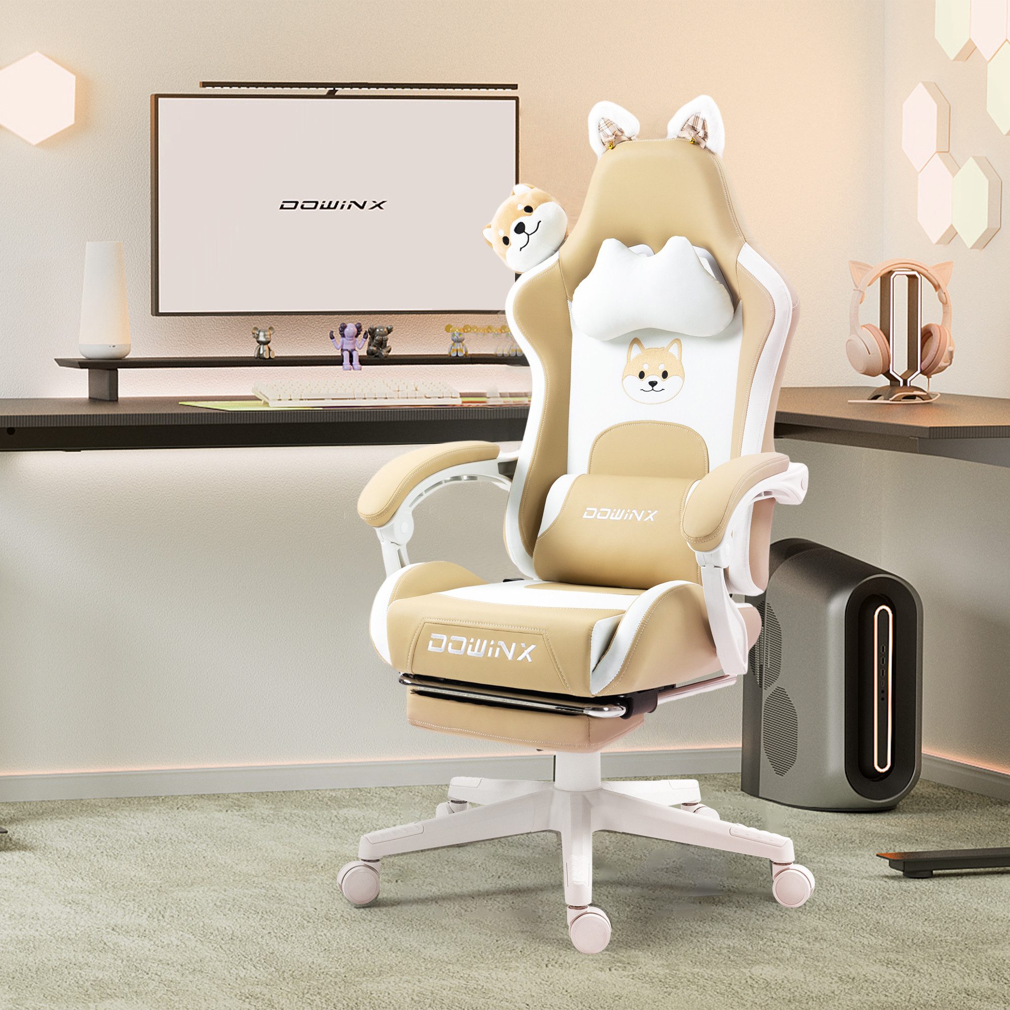 Dowinx Gaming-Stuhl Süße Katze Edition mit Katzenohren und Plüschtier (Packung), Ergonomischer Stuhl mit Hoher Rückenlehne und Lendenwirbelstütze