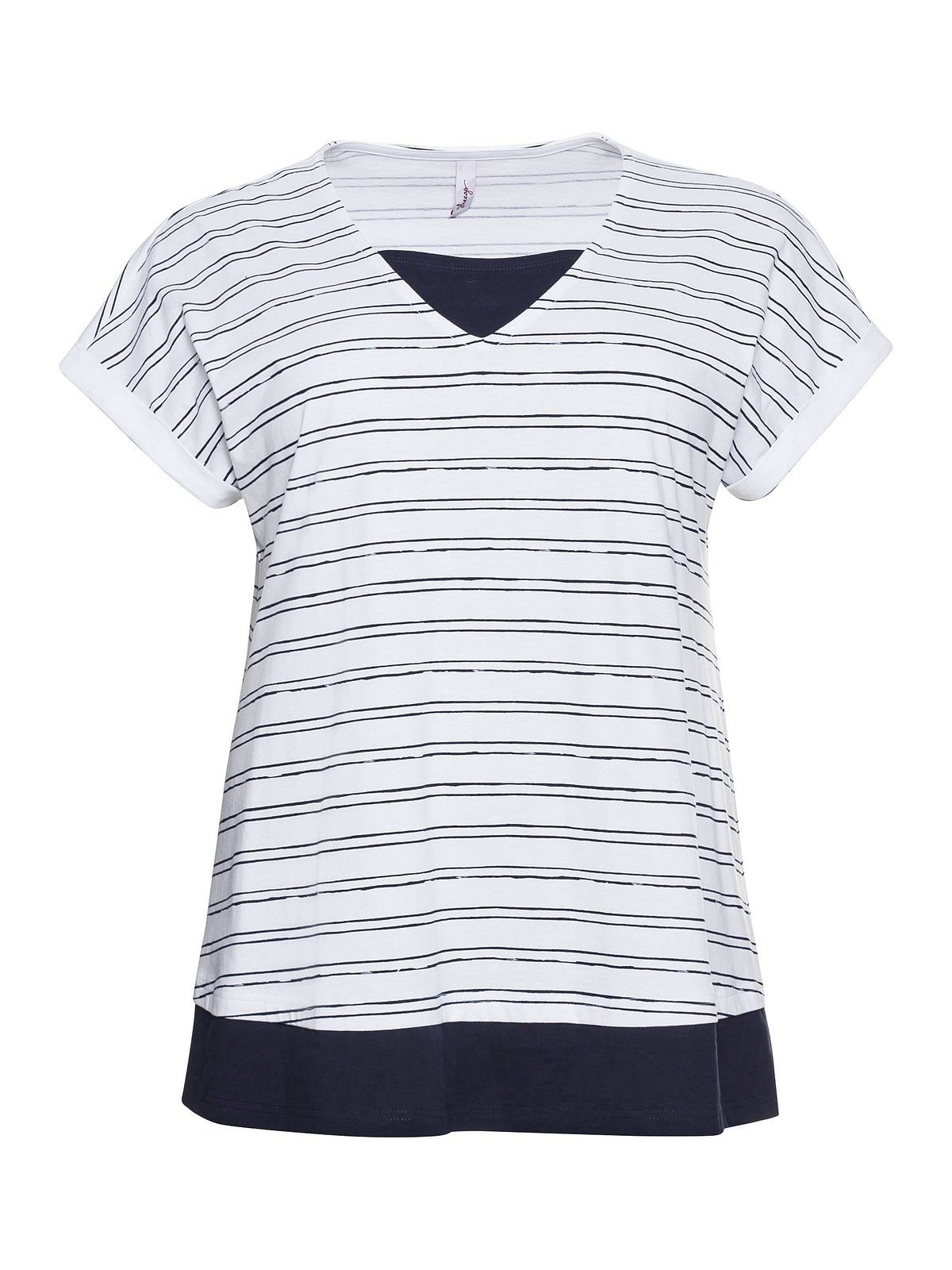 Größen Große weiß-marine reiner T-Shirt Baumwolle aus Lagenlook, im Sheego