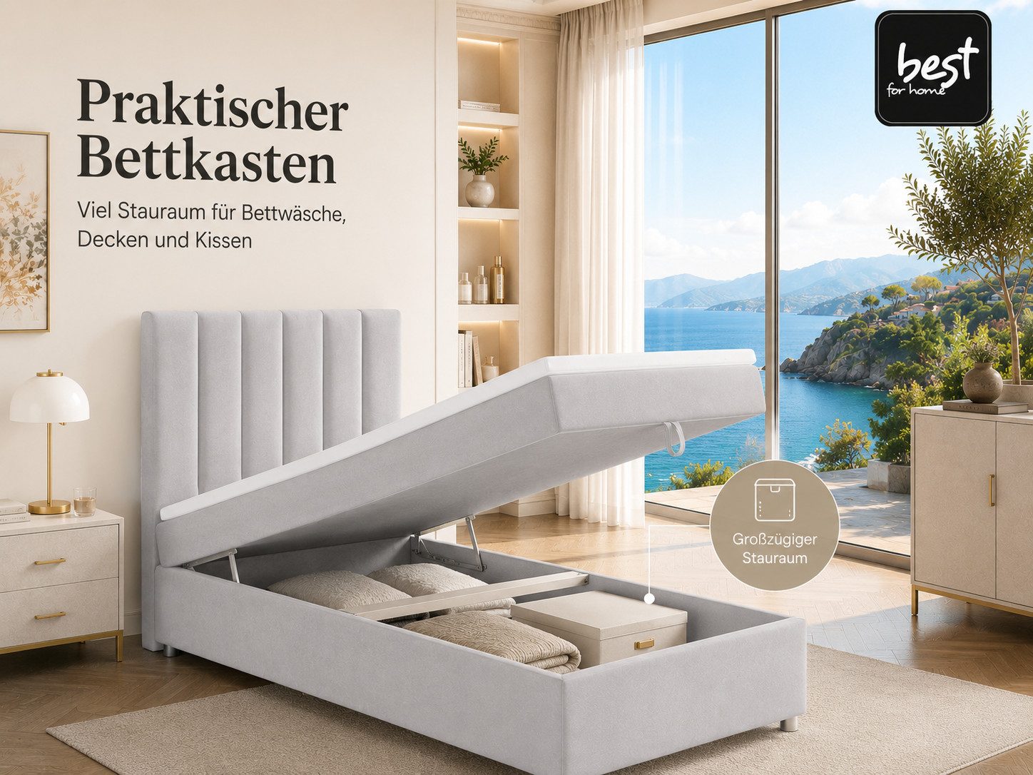 Best for Home Boxspringbett Trinity K10 SINGLE mit Bettkasten & Bonellfederkern, Komfort Topper H3 (Einzelbett, Polsterbett gepolstertes Kopfteil, Jugendbett, Kinderbett versch. Größen, 1-St., 70x200 80x200 90x200 100x200 cm), Stauraum unter dem Bett; Ergonomischer Schlafkomfort; Massivholzrahmen