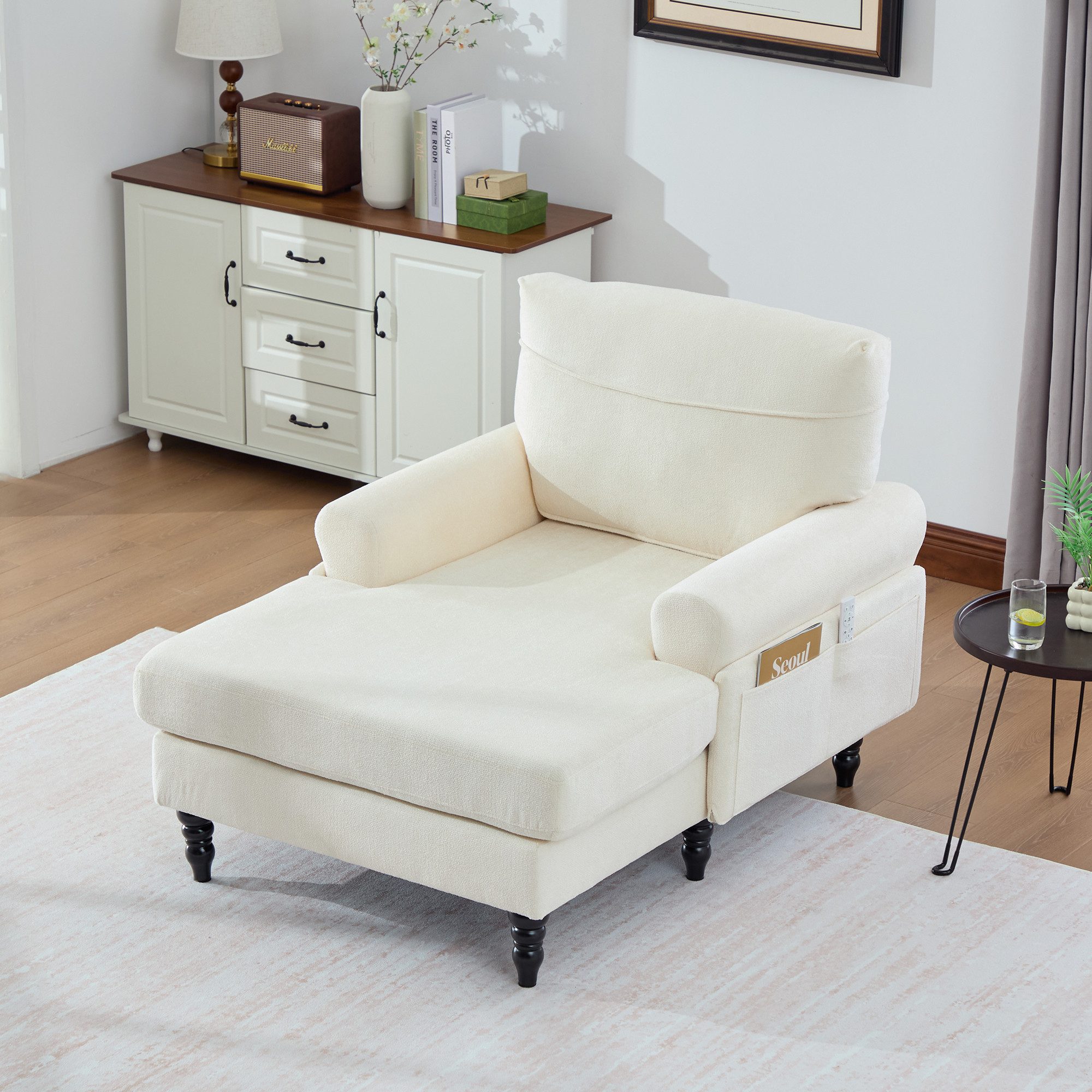 Odikalo Chaiselongue Loungesessel Relaxsessel Chenille-Stoff-Liegestuhl mit Holzsofa-Beine, Einzelsofa mit bequemer Rückenlehne und Armlehnen Seitentaschen zur Aufbewahrung,für Wohnzimmer und Schlafzimmer